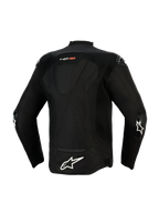 Veste Alpinestars T-GP Air, vue de dos, noire, avec un grand logo étoile blanc en bas du dos et le marquage « T-GP AIR », panneaux en mesh et perforations laser pour le flux d'air, et sliders extérieurs aux coudes, blouson de moto textile d'inspiration sportive