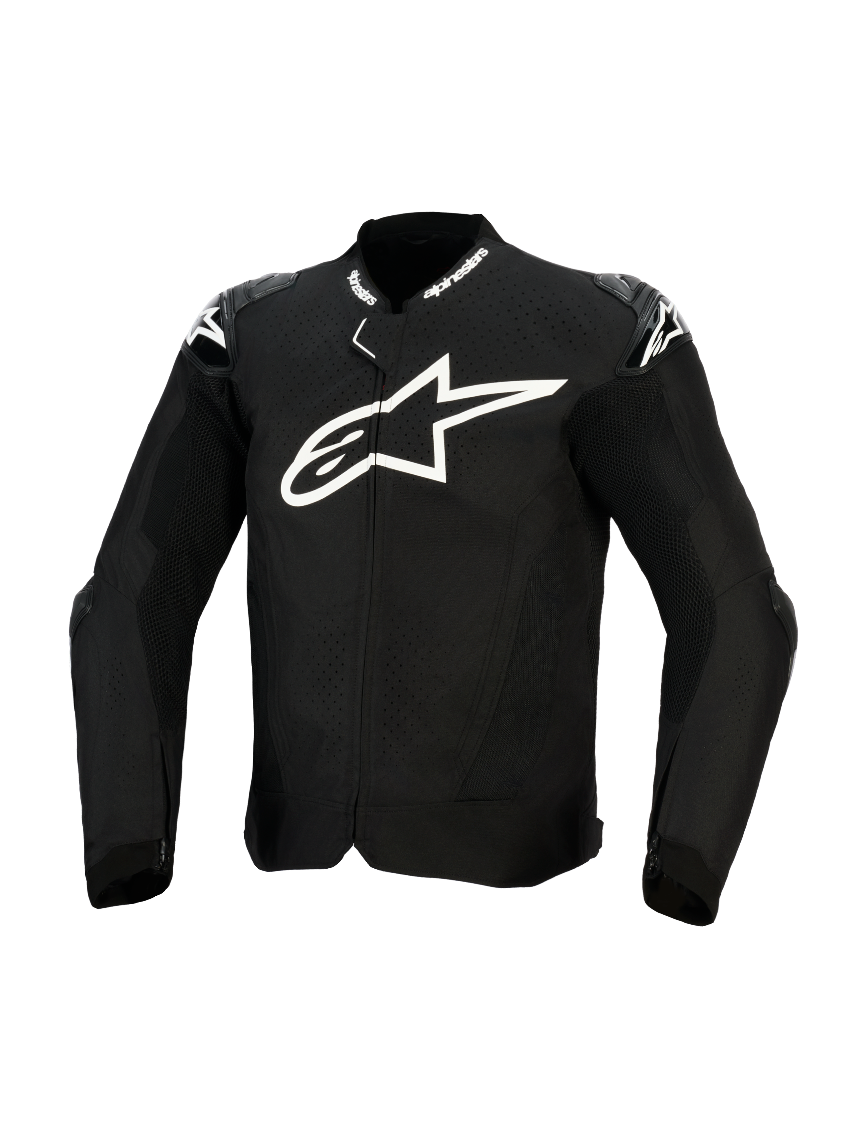 Blouson Alpinestars T-GP Air, blouson de moto en textile noir avec un grand logo blanc sur la poitrine, des panneaux de ventilation perforés au laser et des sliders d'épaules externes, vue de face