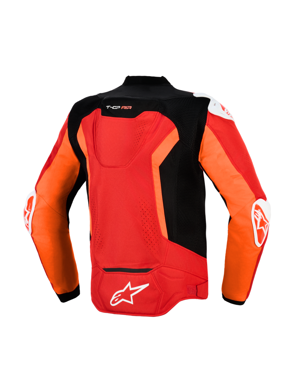 Alpinestars T-GP Air Jacke, Rückansicht, Hellrot, Red Fluo und Schwarz, textile Sport-Motorradjacke mit laserperforierten Mesh-Einsätzen, Supertech R10 Aero-Höcker, externen DFS-Schulter- und Ellbogenschleifern und weißem Alpinestars-Branding auf dem unteren Rücken.