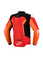 Alpinestars T-GP Air Jacke, Rückansicht, Hellrot, Red Fluo und Schwarz, textile Sport-Motorradjacke mit laserperforierten Mesh-Einsätzen, Supertech R10 Aero-Höcker, externen DFS-Schulter- und Ellbogenschleifern und weißem Alpinestars-Branding auf dem unteren Rücken.