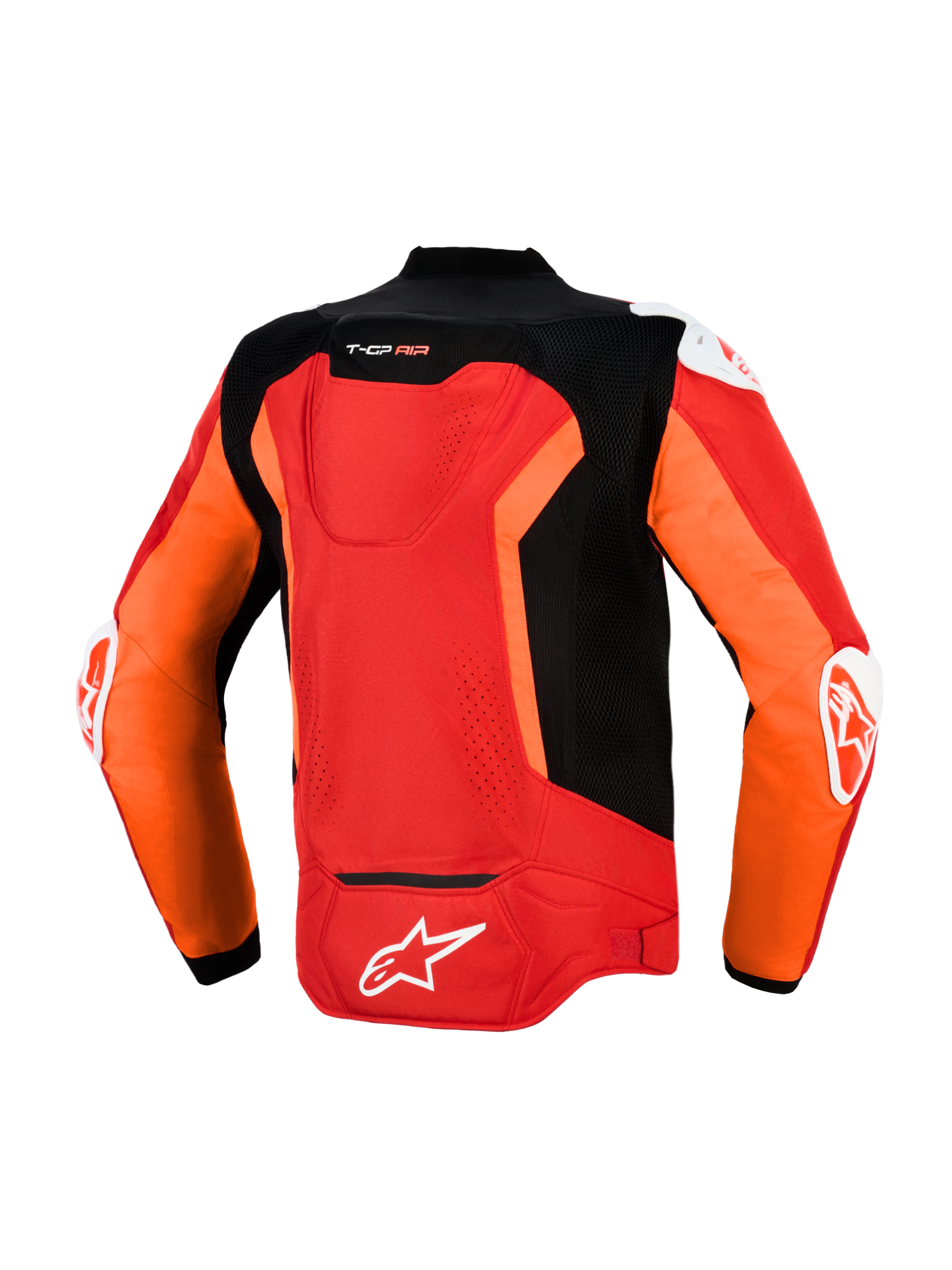 Alpinestars T-GP Air Jacke, Rückansicht, Hellrot, Red Fluo und Schwarz, textile Sport-Motorradjacke mit laserperforierten Mesh-Einsätzen, Supertech R10 Aero-Höcker, externen DFS-Schulter- und Ellbogenschleifern und weißem Alpinestars-Branding auf dem unteren Rücken.