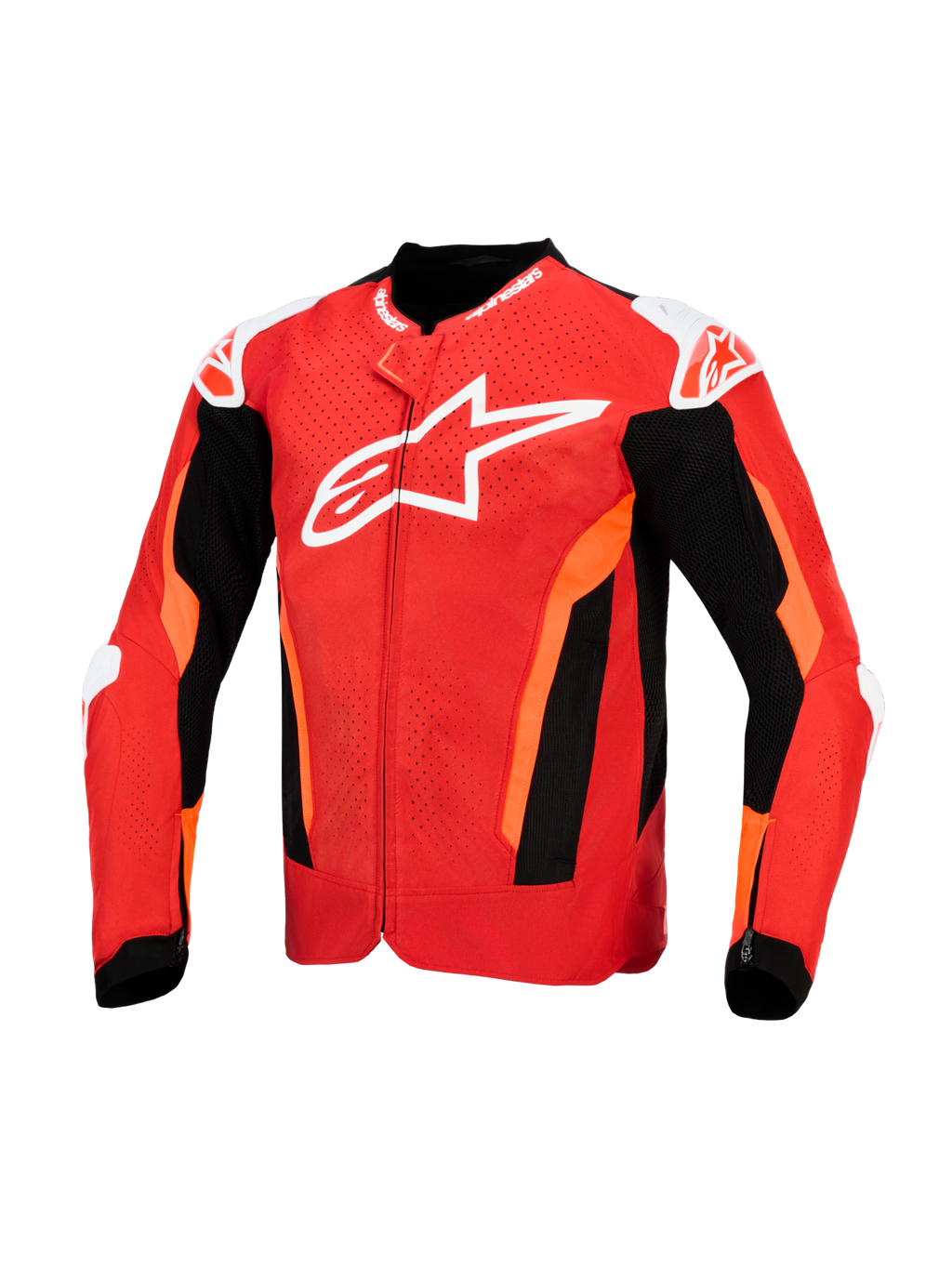 Alpinestars T-GP Air Jacke, Textil-Motorradjacke, leuchtendes Rot und Schwarz mit weißen Akzenten, mit großem weißen Logo auf der Brust, laserperforierten Frontpaneelen und schwarzen Mesh-Einsätzen zur Belüftung, Sport-Passform-Design.