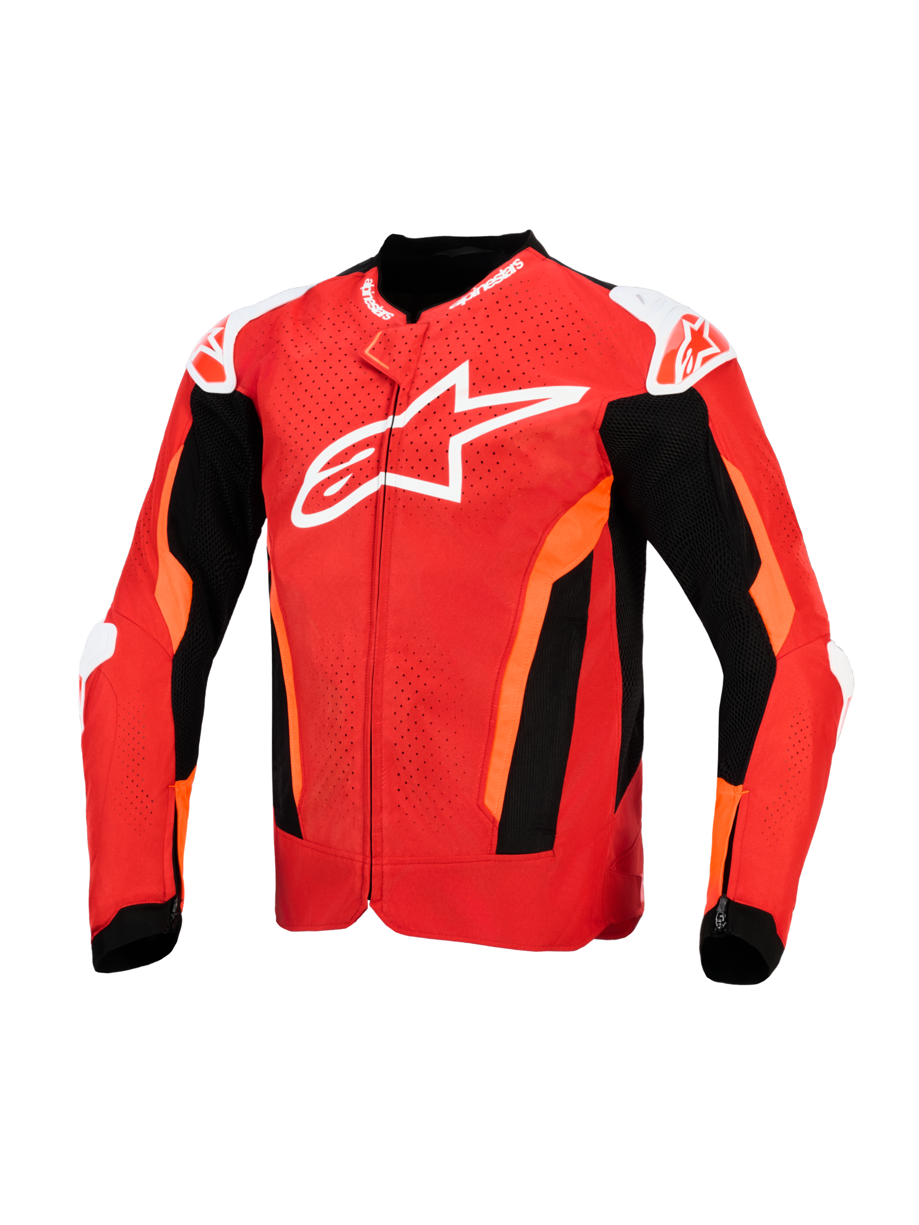 Alpinestars T-GP Air Jacke, Textil-Motorradjacke, leuchtendes Rot und Schwarz mit weißen Akzenten, mit großem weißen Logo auf der Brust, laserperforierten Frontpaneelen und schwarzen Mesh-Einsätzen zur Belüftung, Sport-Passform-Design.