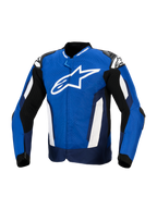 Blouson Alpinestars T-GP Air, blouson de moto sport en textile, bleu vif, bleu marine et blanc, doté d'un grand logo étoile blanc sur la poitrine, de textile perforé au laser pour la ventilation et de sliders d'épaule externes, équipement de performance inspiré de la course
