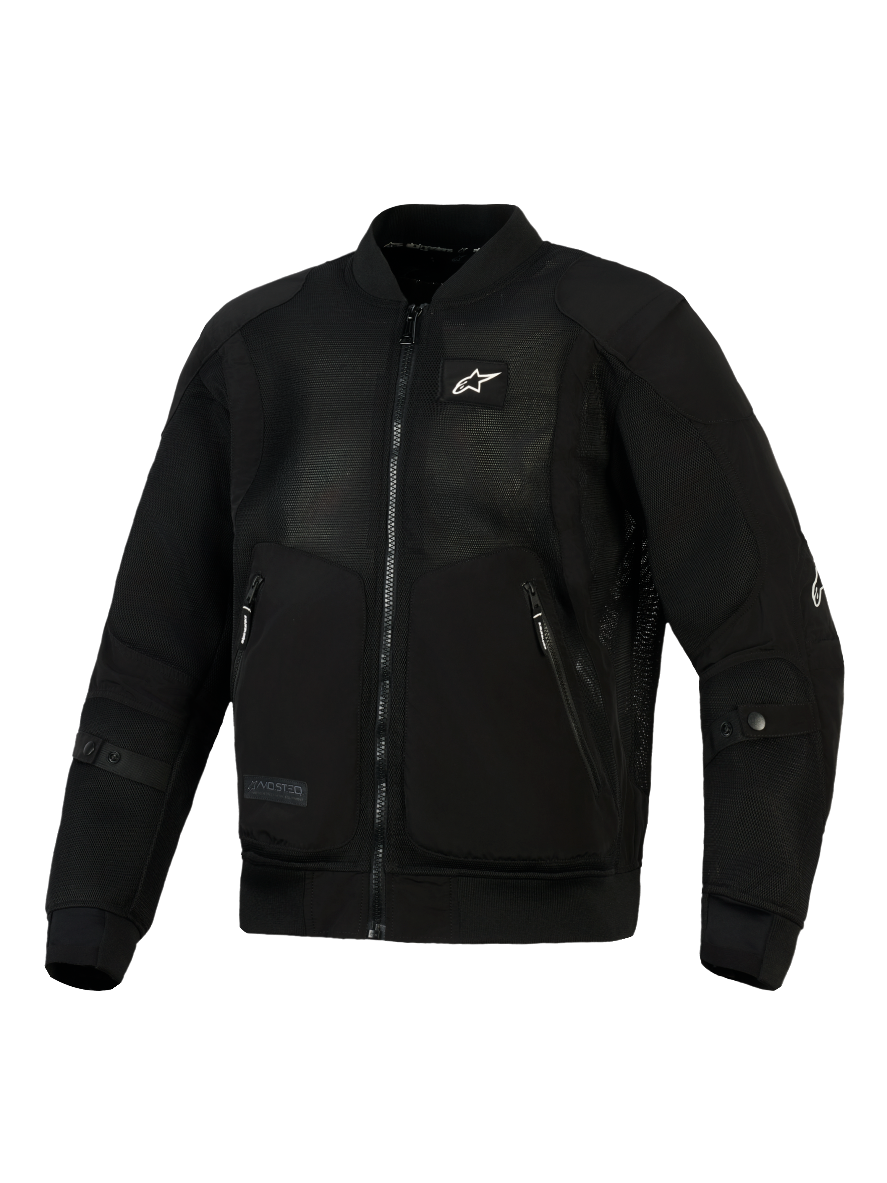 Alpinestars Flight Air Jacke in Schwarz, urbane Motorradjacke im Bomber-Stil, hochbelüftete 3D-Mesh-Paneele, robuste Polygewebe-Verstärkungen, kleines weißes Logo auf der Brust, gerippter Stretchkragen und -bündchen