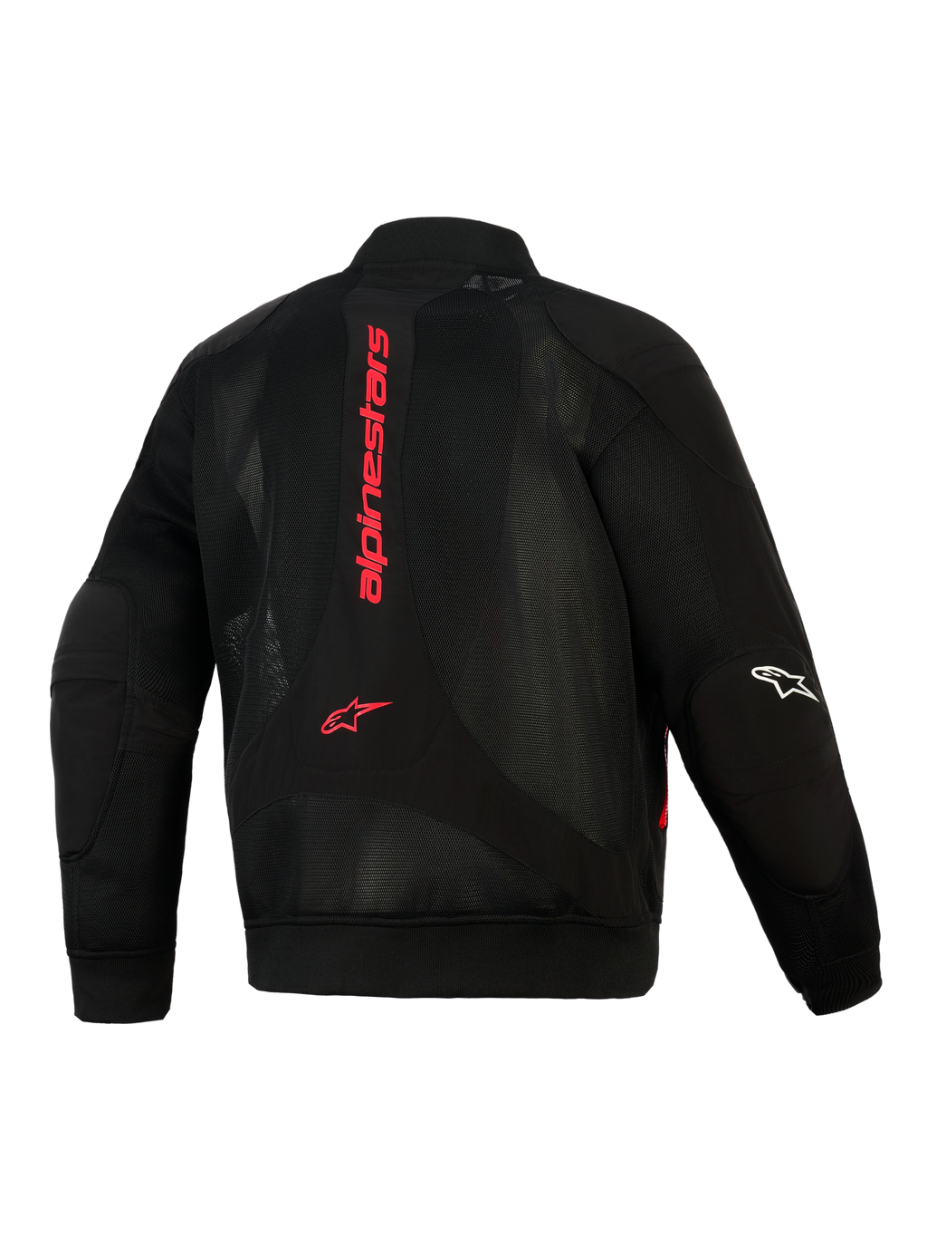 Veste Alpinestars Flight Air, noir et rouge vif, vue arrière montrant la construction en maille 3D, logo Alpinestars vertical rouge sur le dos, silhouette de style bomber avec taille et poignets côtelés, logo blanc sur la manche
