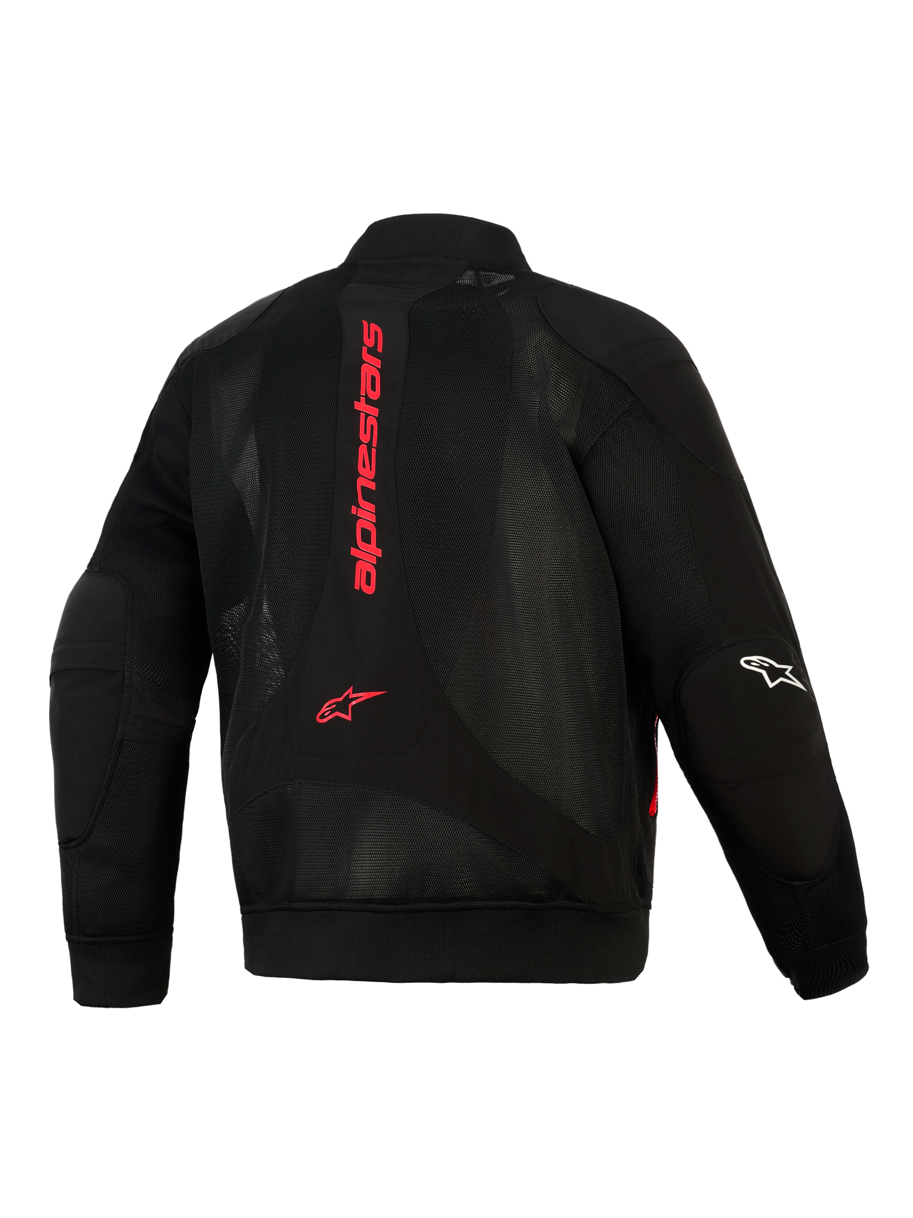 Veste Alpinestars Flight Air, noir et rouge vif, vue arrière montrant la construction en maille 3D, logo Alpinestars vertical rouge sur le dos, silhouette de style bomber avec taille et poignets côtelés, logo blanc sur la manche