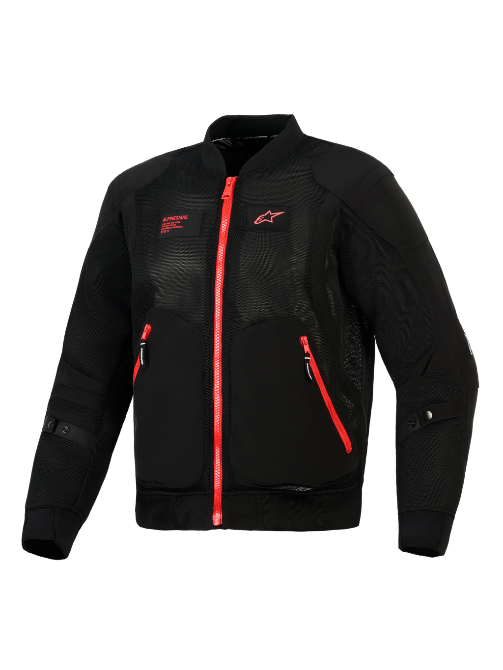 Veste Alpinestars Flight Air, Noir Rouge Vif, vue de face d'une veste de moto légère de style bomber dotée de panneaux en maille 3D, de fermetures éclair rouges contrastantes et du logo Alpinestars rouge sur la poitrine.