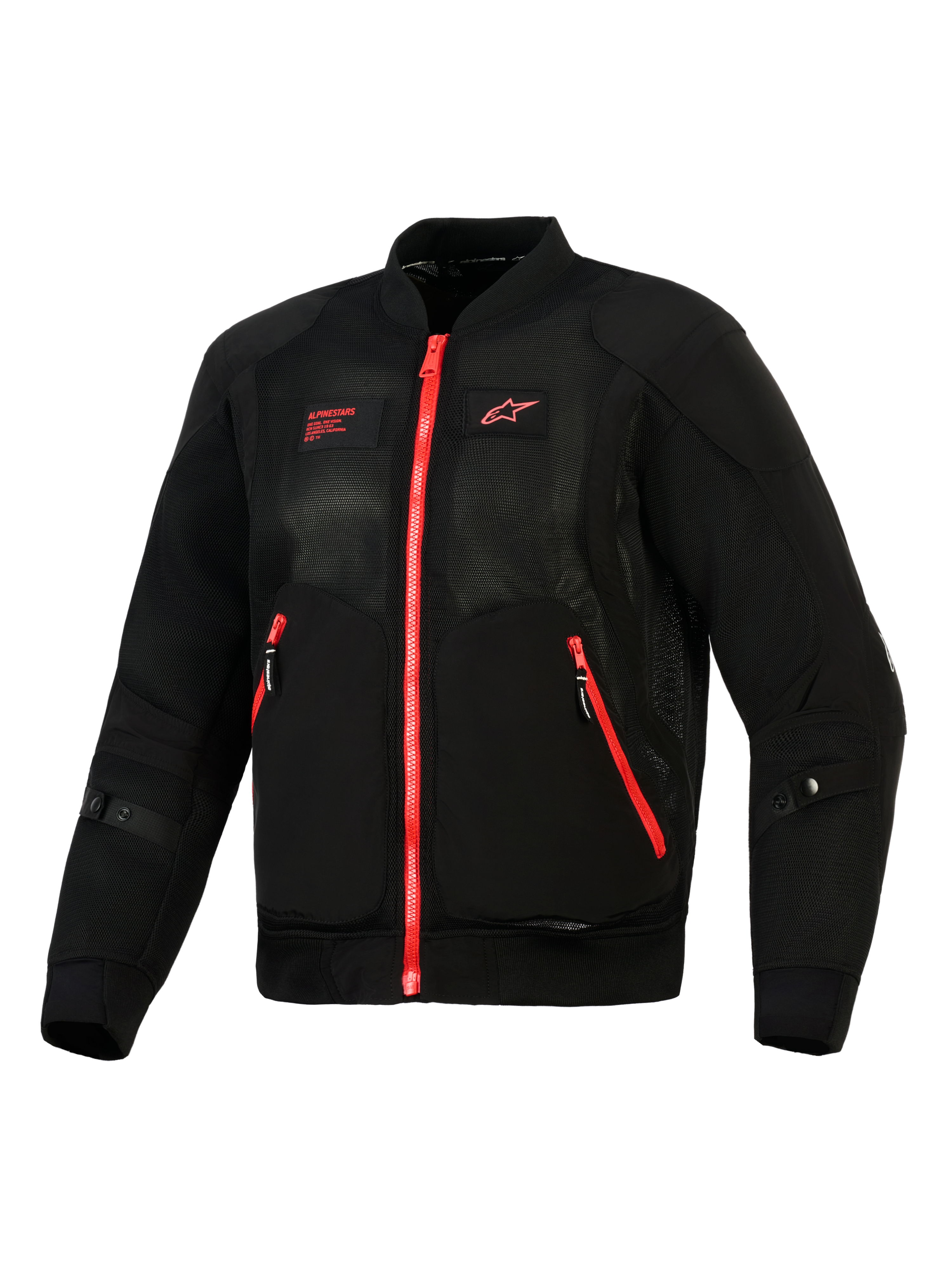 Veste Alpinestars Flight Air, Noir Rouge Vif, vue de face d'une veste de moto légère de style bomber dotée de panneaux en maille 3D, de fermetures éclair rouges contrastantes et du logo Alpinestars rouge sur la poitrine.