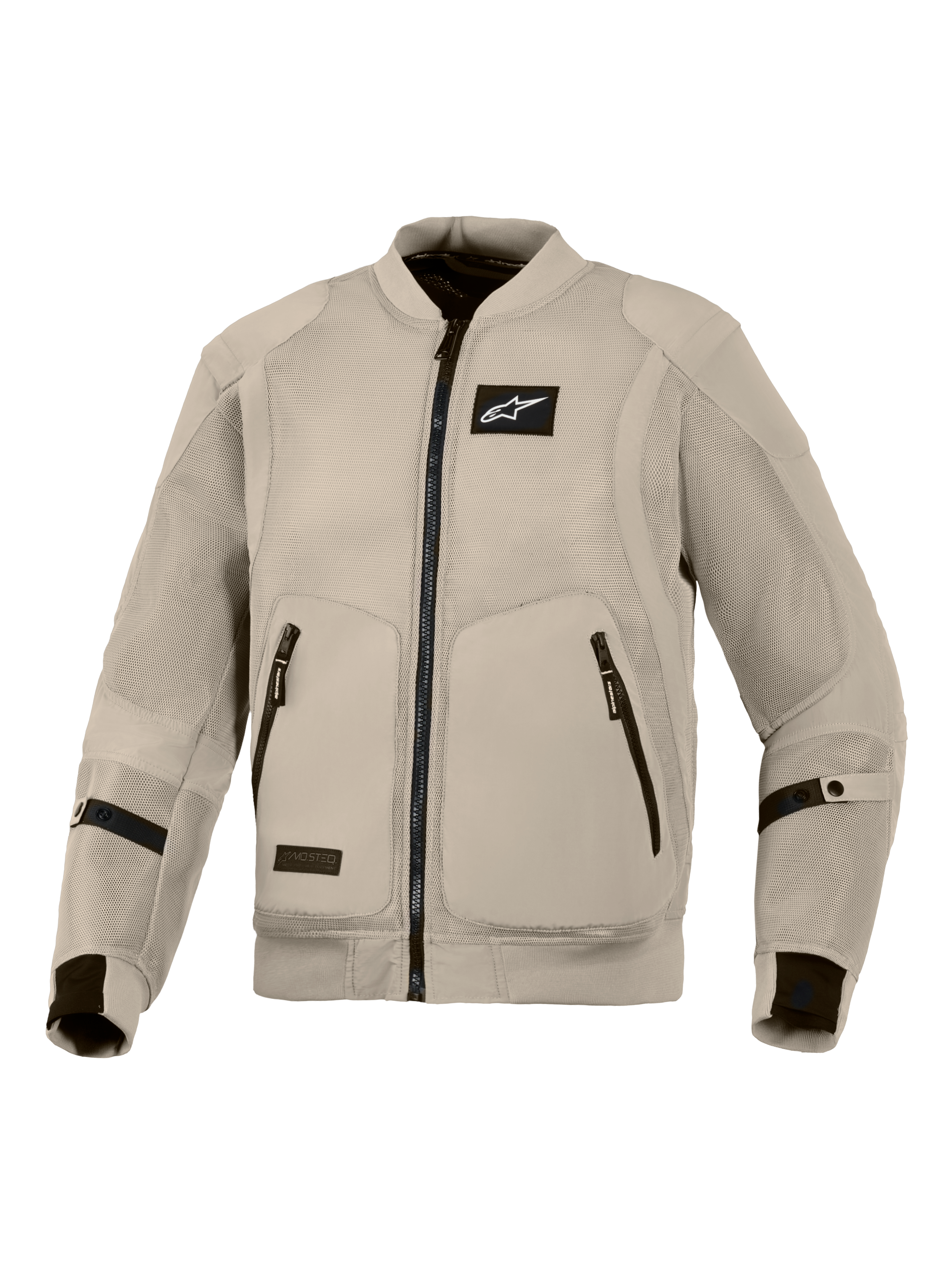 Alpinestars Flight Air Jacket, Aluminum Grey motorcycle jacket, bomber-style urban riding gear featuring extended 3D mesh panels for maximum airflow, black Alpinestars logo on chest, and dual front zippered pockets.