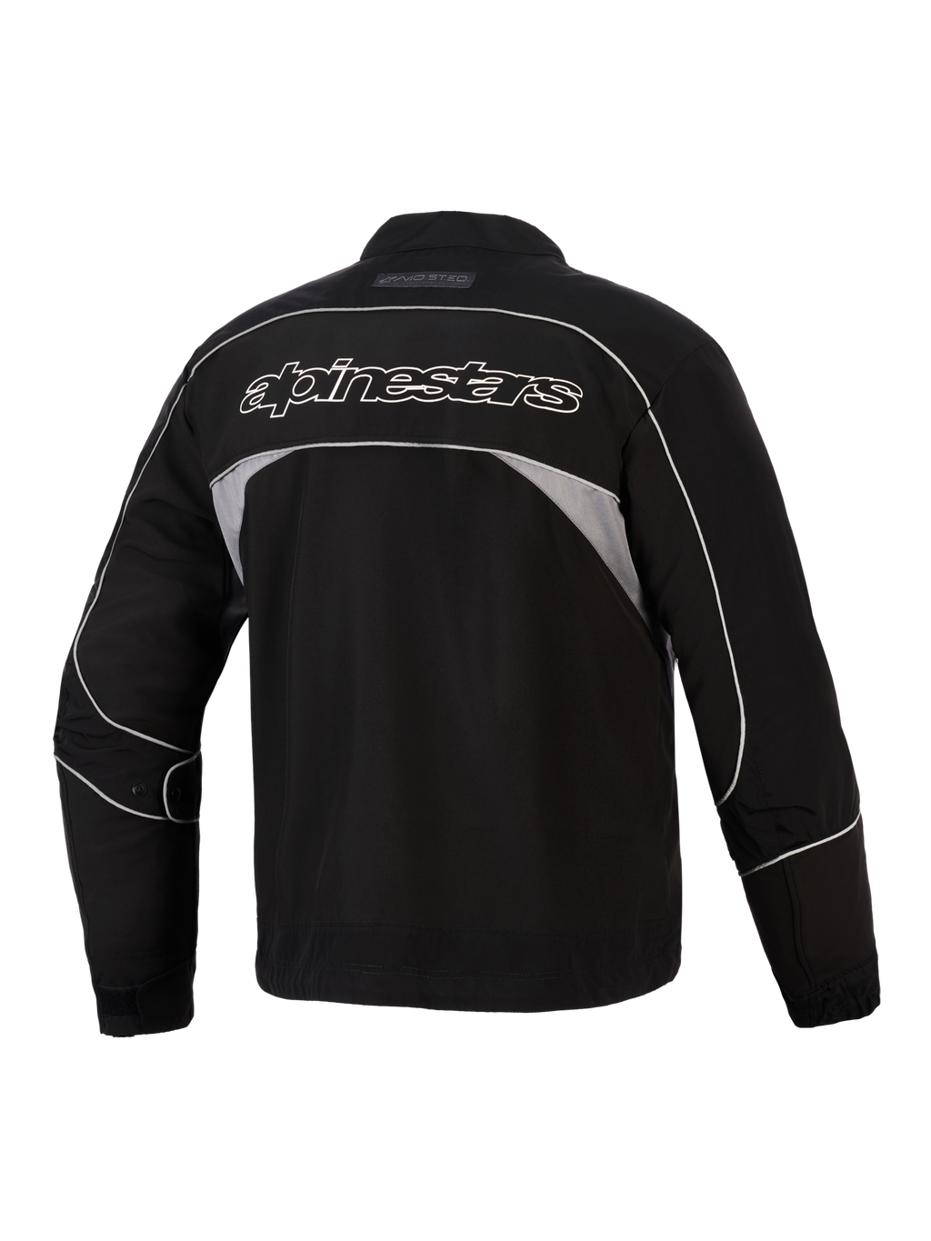 Alpinestars Unite Jacke, Rückansicht, Schwarz mit dunkelgrauen reflektierenden Einsätzen, weiß umrandeter Alpinestars-Schriftzug auf dem Rücken, urbane Motorrad-Softshelljacke mit minimalistischem Design