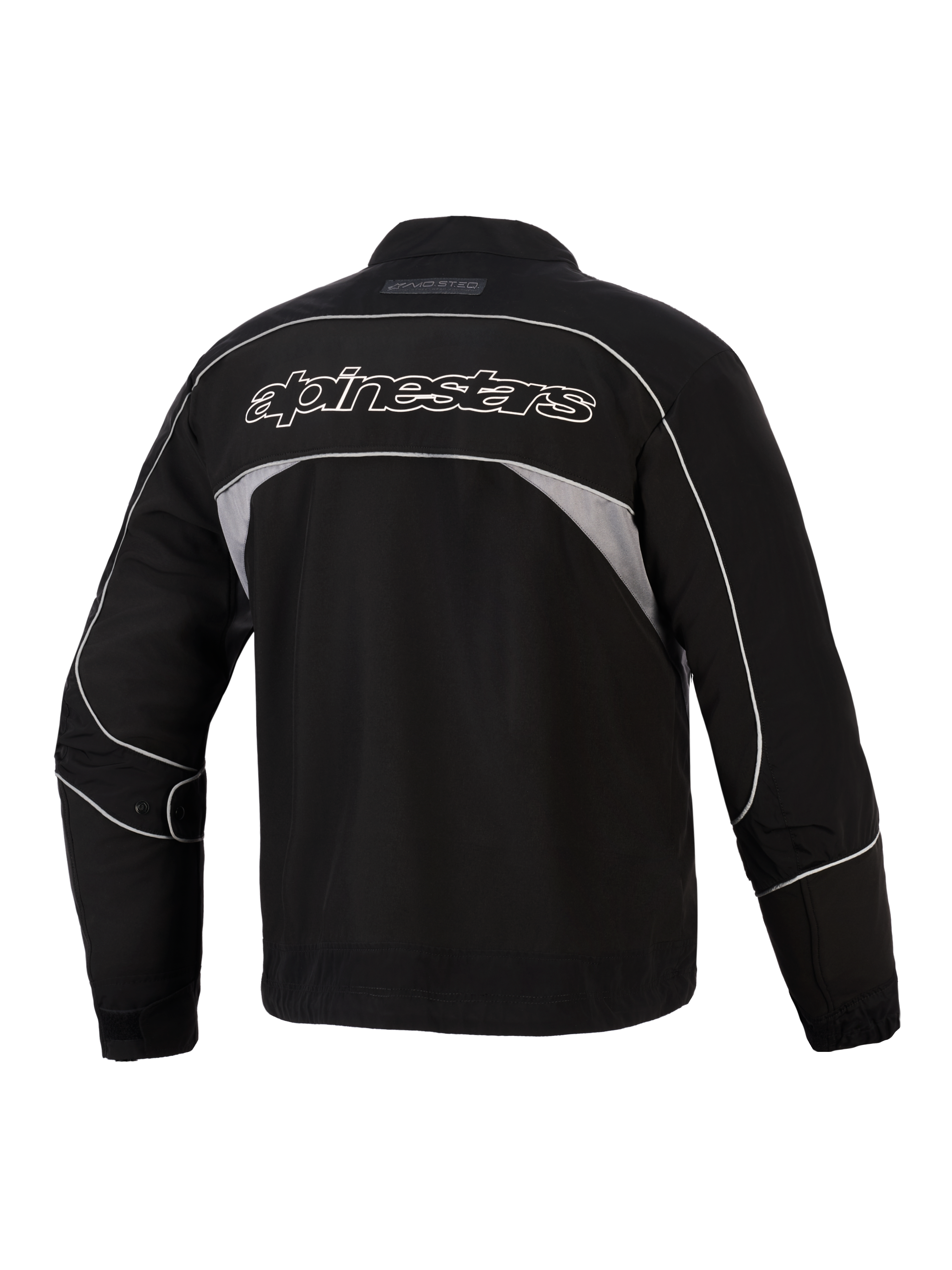Alpinestars Unite Jacke, Rückansicht, Schwarz mit dunkelgrauen reflektierenden Einsätzen, weiß umrandeter Alpinestars-Schriftzug auf dem Rücken, urbane Motorrad-Softshelljacke mit minimalistischem Design