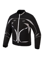 Alpinestars Unite Jacke, Motorradjacke, Schwarz und Dunkelgrau, mit weißem Frontreißverschluss, reflektierenden grauen Einsätzen und weißen Paspel-Details, Alpinestars-Branding an Kragen und Ärmeln, minimalistisches urbanes Design