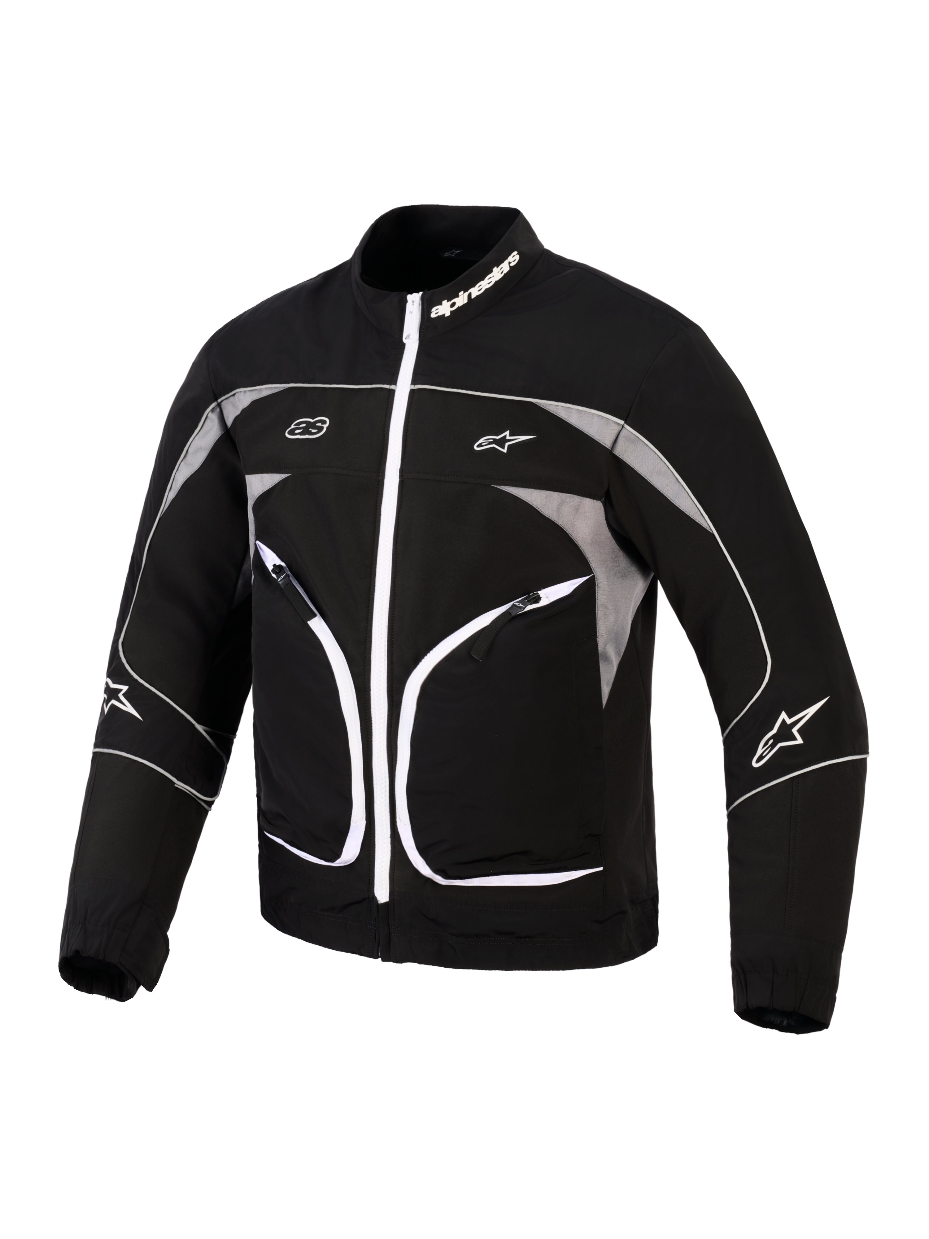 Alpinestars Unite Jacke, Motorradjacke, Schwarz und Dunkelgrau, mit weißem Frontreißverschluss, reflektierenden grauen Einsätzen und weißen Paspel-Details, Alpinestars-Branding an Kragen und Ärmeln, minimalistisches urbanes Design