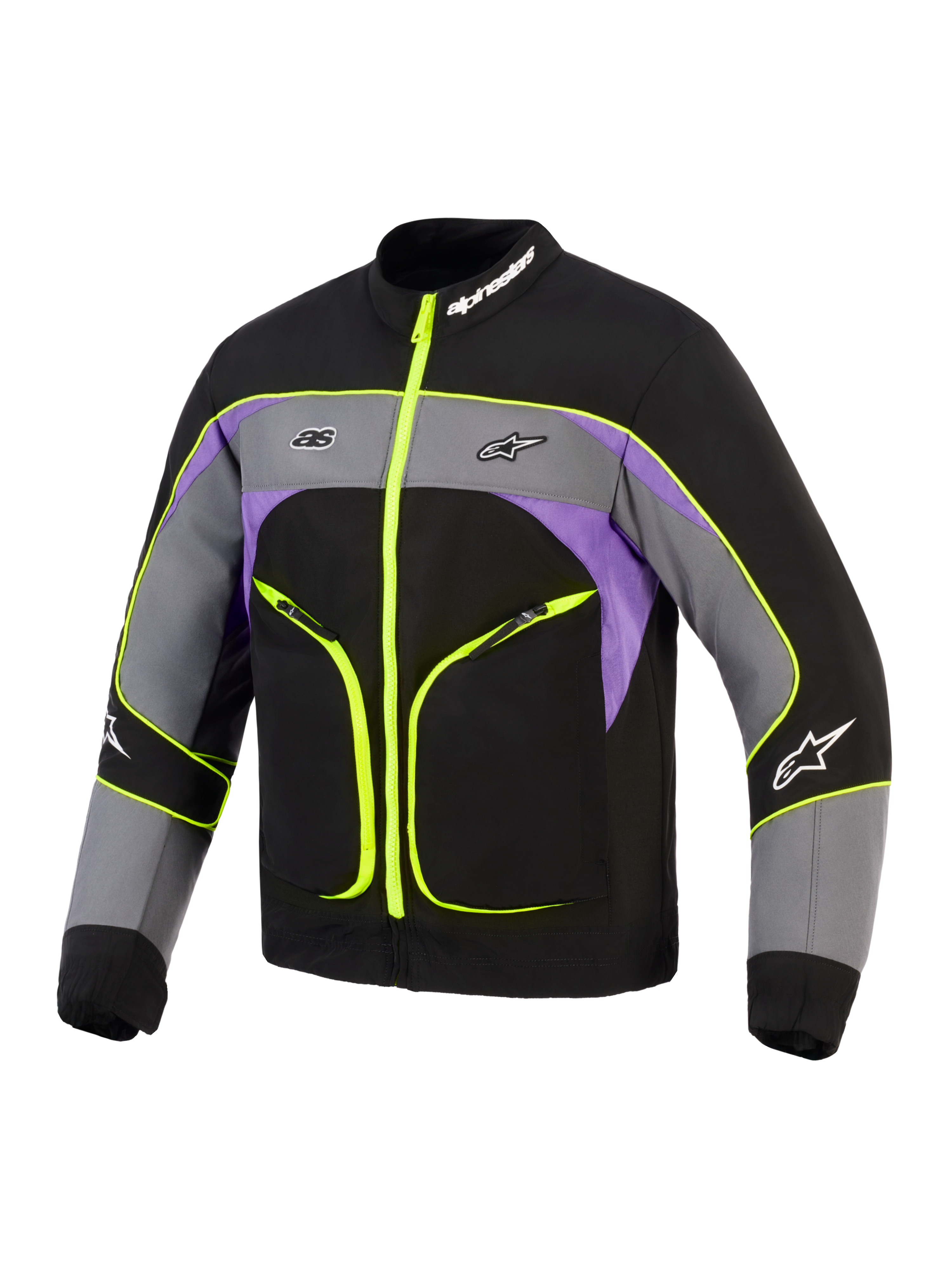 Alpinestars Unite Jacke, urbane Motorradjacke, Schwarz Asphalt Violett mit neongelben Akzenten, mit 3-lagiger Softshell-Konstruktion, fluoreszierenden gelben Reißverschlüssen und Paspeln, grauem und lila Color-Blocking und Alpinestars-Logo auf der Brust und am Kragen.