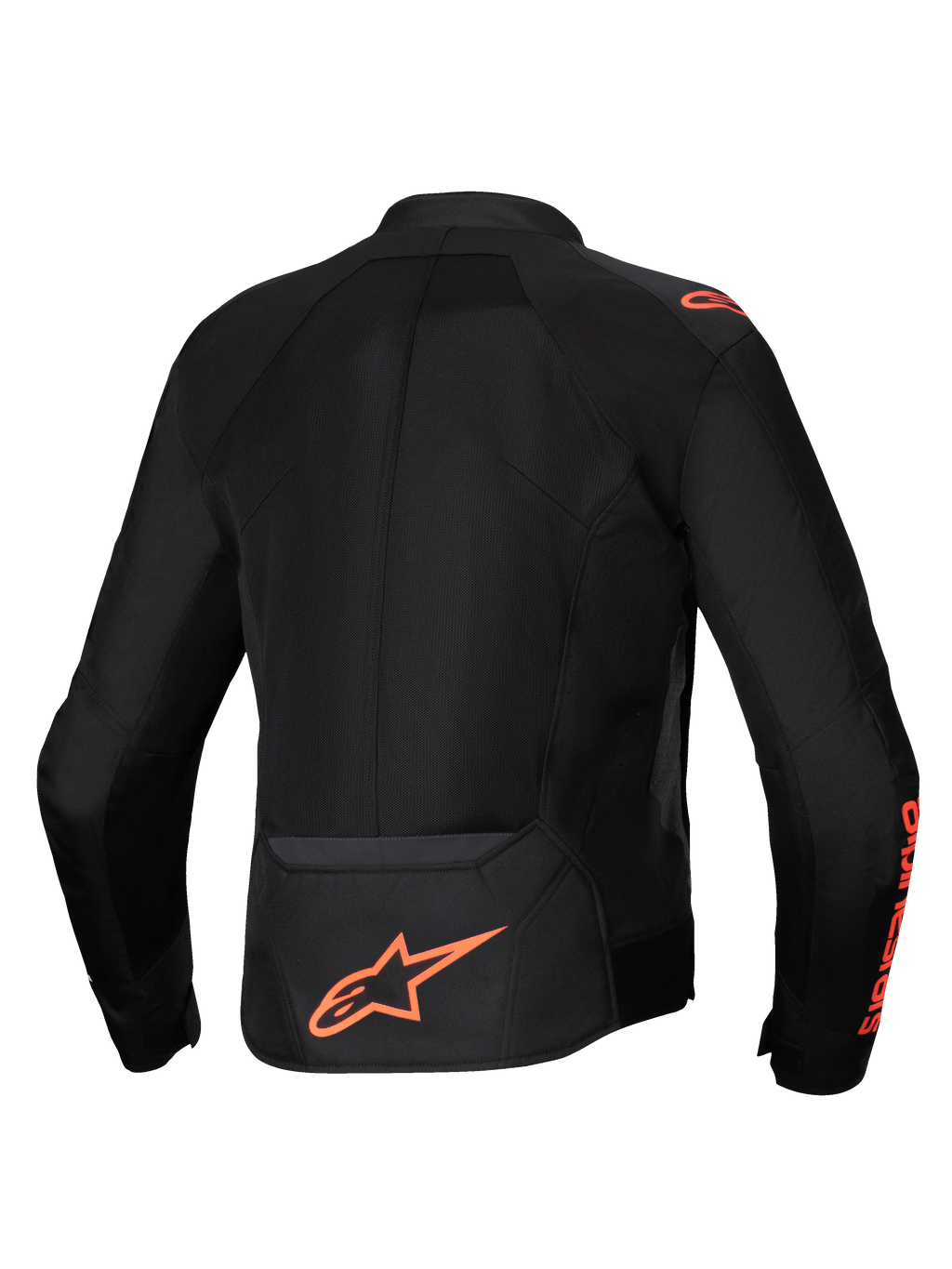 Veste Viper Air V4 Alpinestars, veste de moto noire et rouge fluo, vue de dos avec larges panneaux en maille technique pour la circulation d'air.