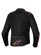 Veste Viper Air V4 Alpinestars, veste de moto noire et rouge fluo, vue de dos avec larges panneaux en maille technique pour la circulation d'air.