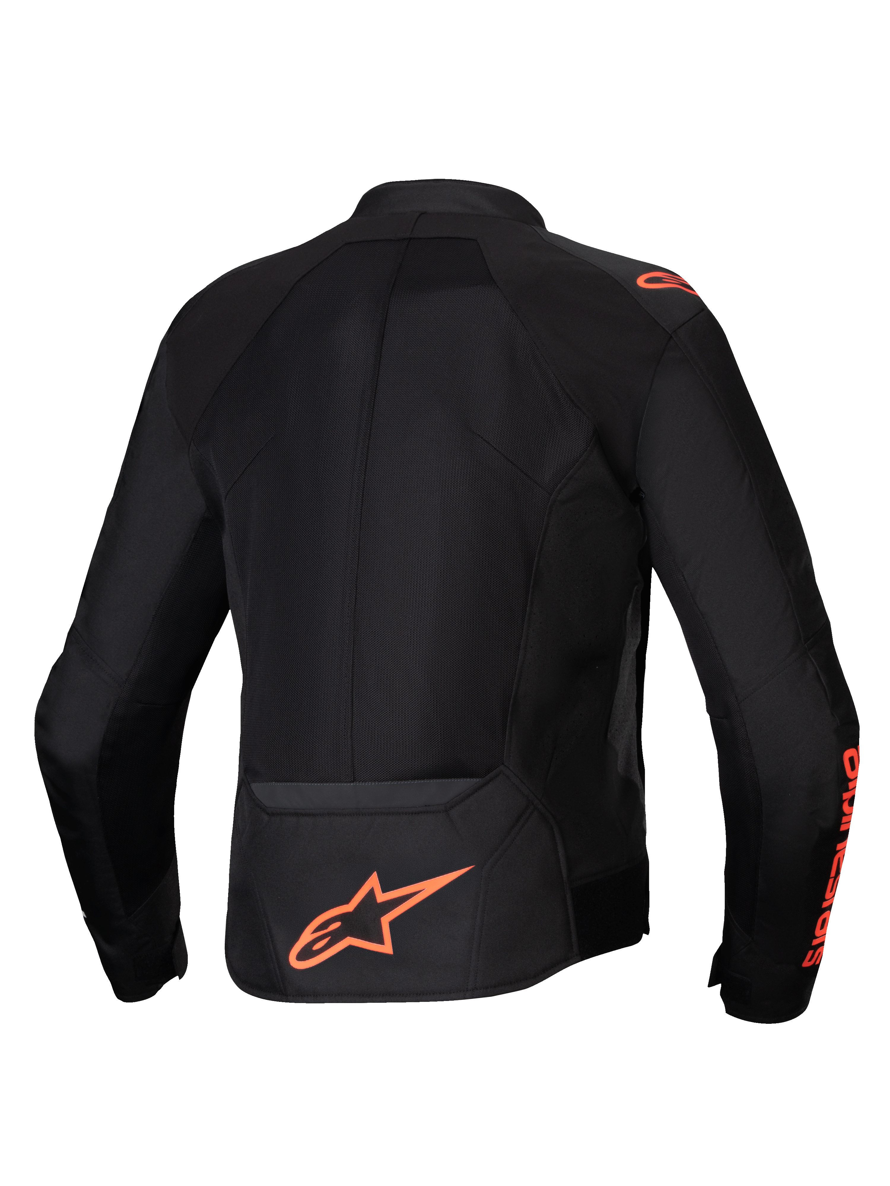 Veste Viper Air V4 Alpinestars, veste de moto noire et rouge fluo, vue de dos avec larges panneaux en maille technique pour la circulation d'air.