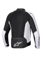 Alpinestars Viper Air V4 Jas, motorjas, zwart en wit, achteraanzicht met grote tech mesh-panelen voor luchtstroom, witte geperforeerde zijpanelen, opvallend wit Astar-logo op de onderrug en textielconstructie voor rijden in warm weer