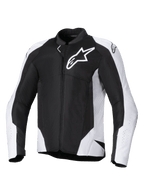 Alpinestars Viper Air V4 Jas, textiel motorjas, zwart met wit, met groot wit Astar-logo op de borst, geperforeerde mesh-panelen voor luchtstroom, ergonomische sportpasvorm voor op de weg