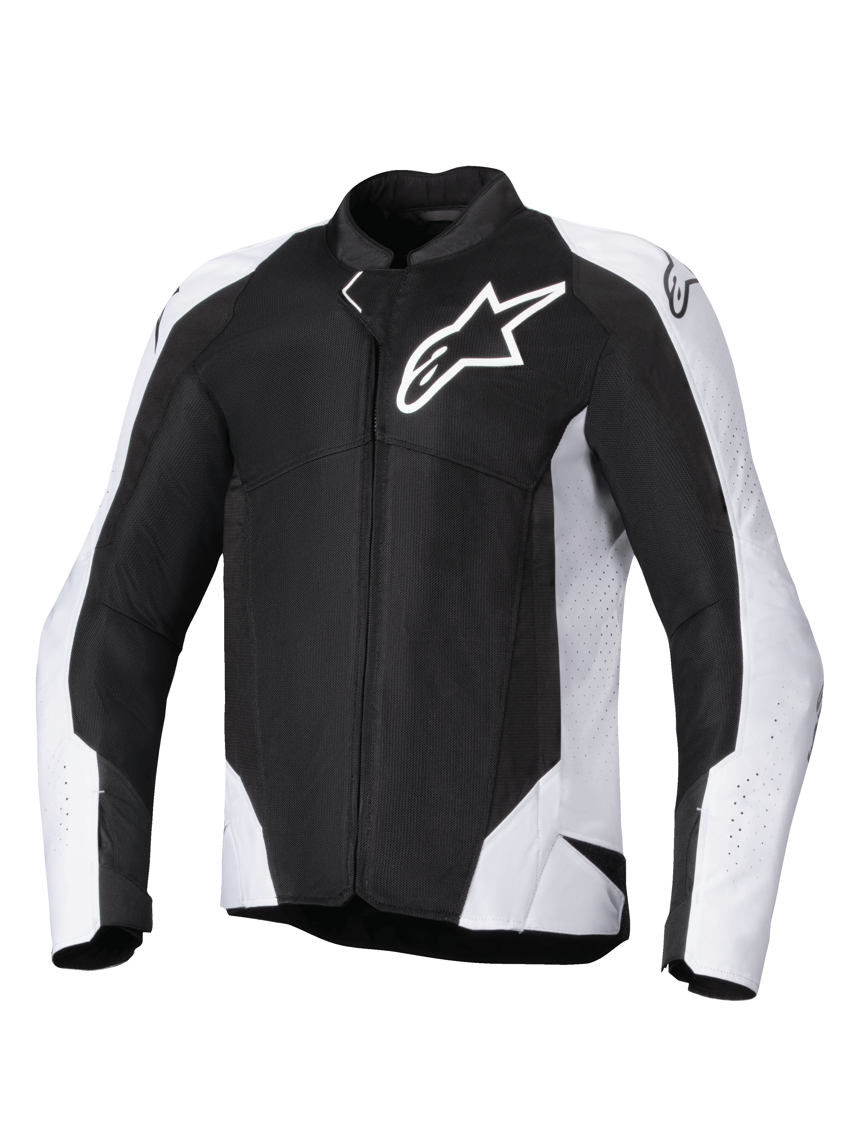 Alpinestars Viper Air V4 Jas, textiel motorjas, zwart met wit, met groot wit Astar-logo op de borst, geperforeerde mesh-panelen voor luchtstroom, ergonomische sportpasvorm voor op de weg