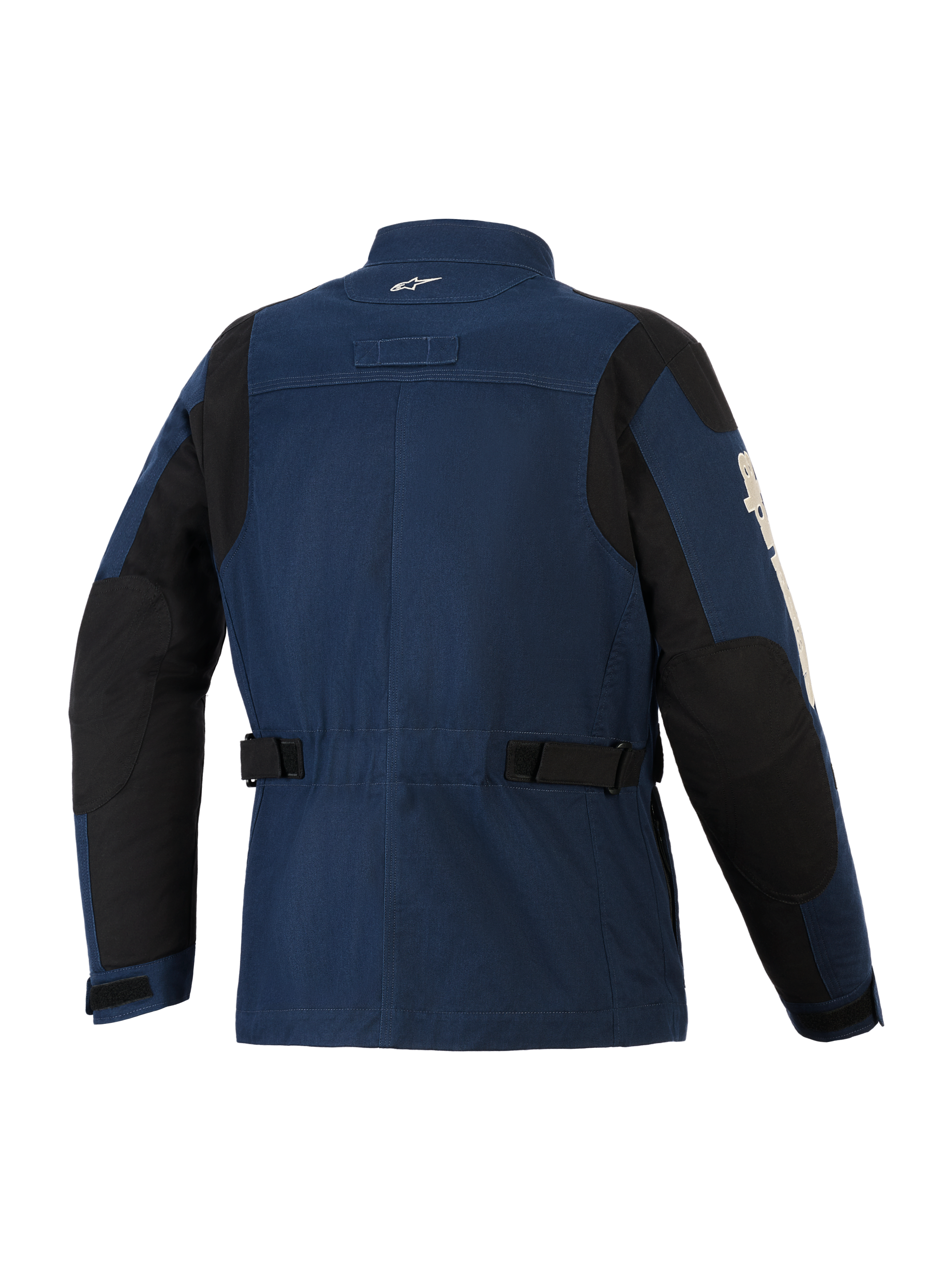 Alpinestars Dice Jacke, urbane Motorradjacke, Dunkelblau und Schwarz, Rückansicht im Field-Jacket-Stil, verstellbare Taillenriemen, schwarze Verstärkungseinsätze an Schultern und Ellbogen, kleines weißes Logo am Kragen