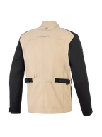 Veste Alpinestars Dice, veste de moto urbaine, Aluminum Black, vue arrière montrant le corps en polycoton beige et les manches noires, avec sangles de réglage à la taille, empiècements plissés aux épaules et design inspiré du workwear