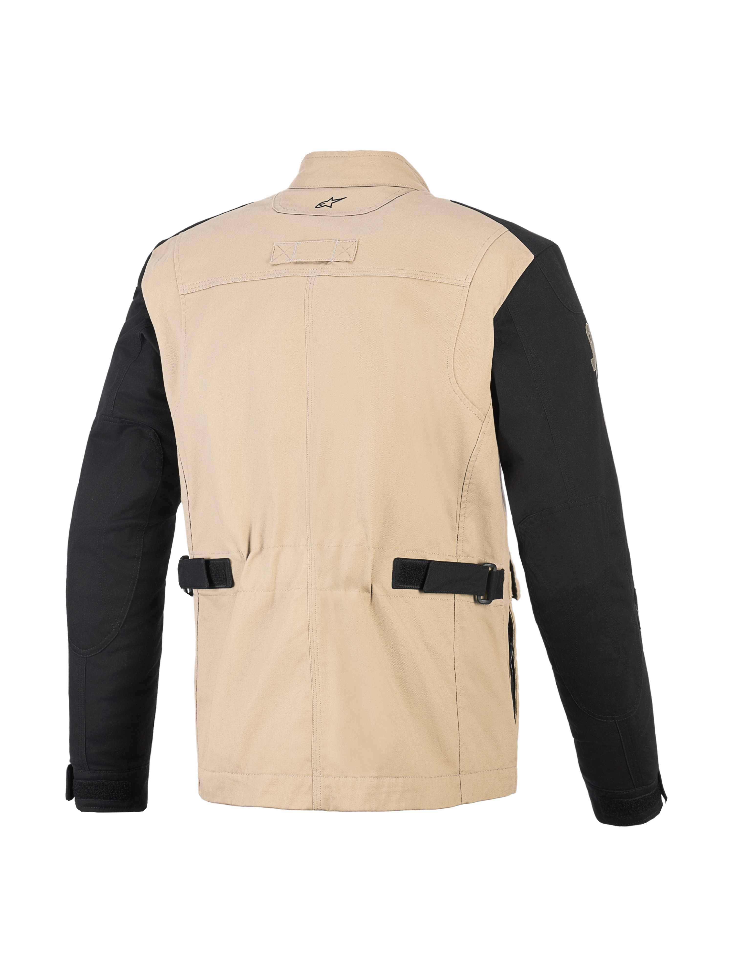 Veste Alpinestars Dice, veste de moto urbaine, Aluminum Black, vue arrière montrant le corps en polycoton beige et les manches noires, avec sangles de réglage à la taille, empiècements plissés aux épaules et design inspiré du workwear