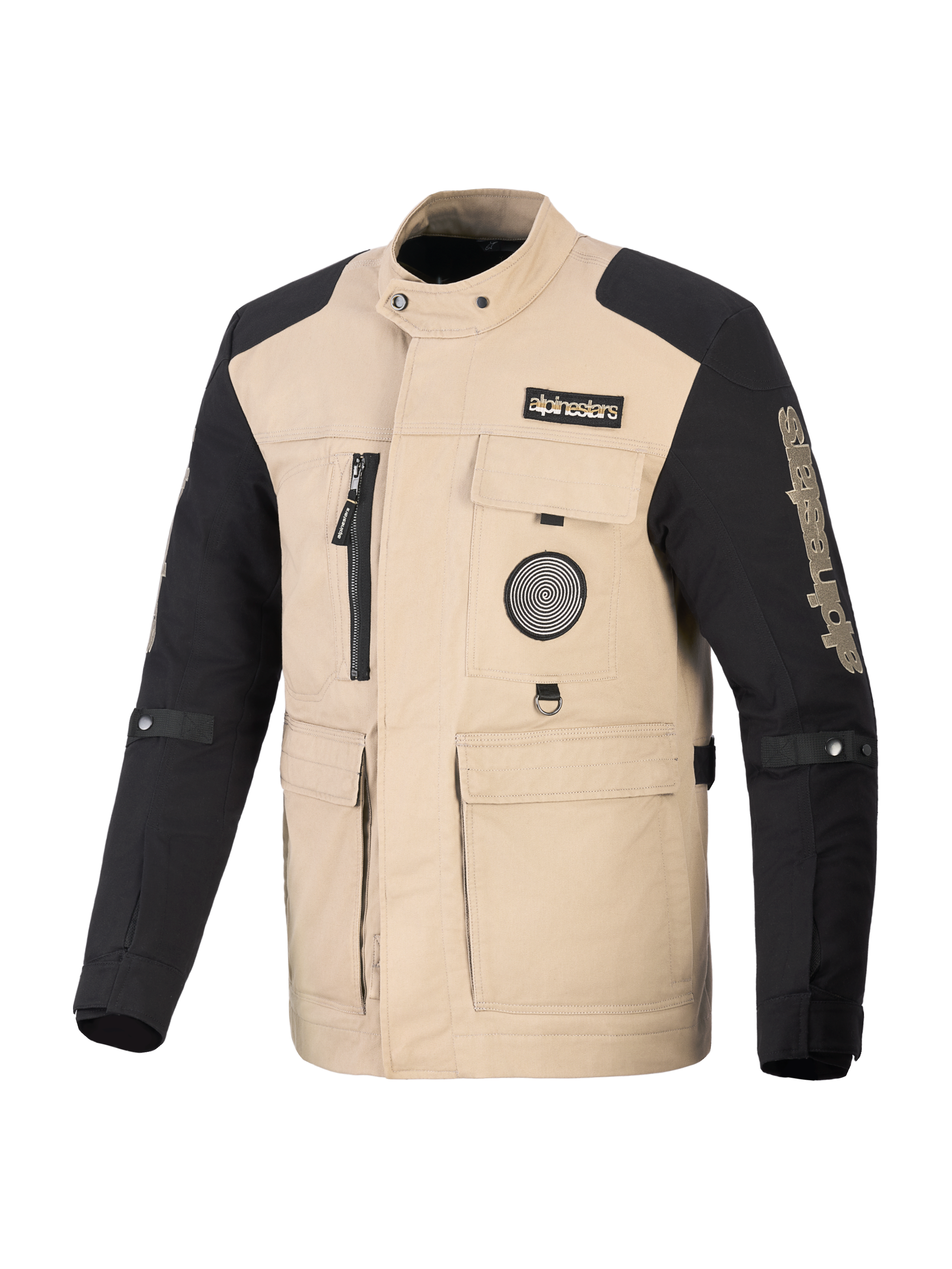 Veste Alpinestars Dice, veste de moto urbaine, beige et noir, design inspiré du vêtement de travail avec quatre poches utilitaires frontales et des écussons logo, construction textile robuste pour la performance urbaine