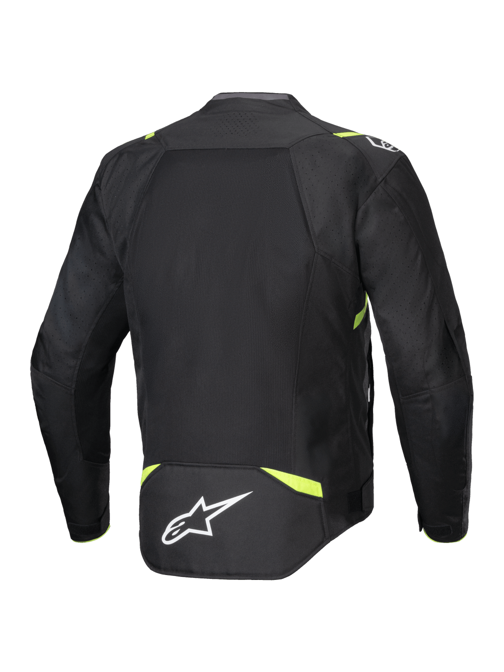 Alpinestars T-SPS Air V2 Jacke, Textil-Motorradjacke, Schwarz und Gelb Fluo, Rückansicht mit großen Mesh-Einsätzen für optimale Belüftung, neongelbe Akzente an Schultern und Taille, weißes Alpinestars-Logo am unteren Rücken
