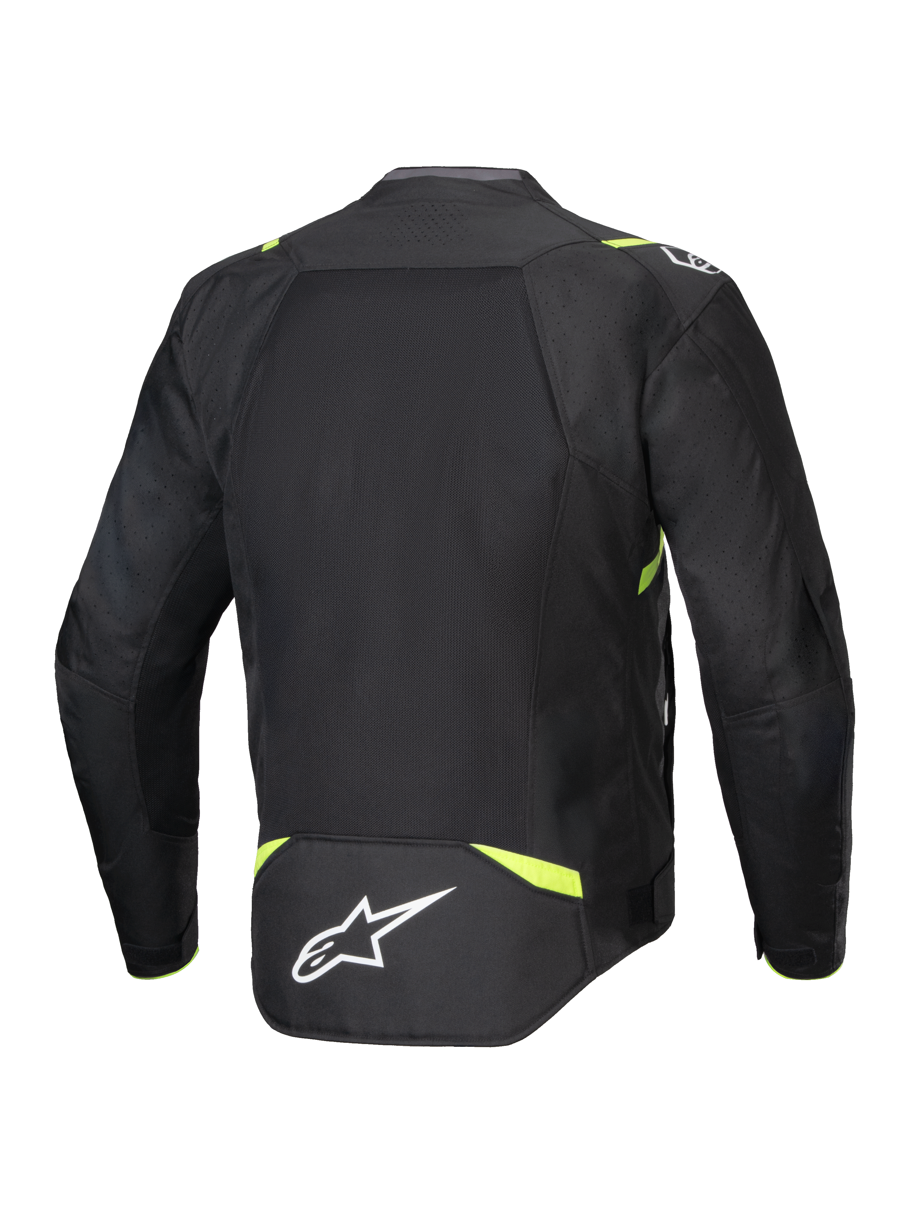 Alpinestars T-SPS Air V2 Jacke, Textil-Motorradjacke, Schwarz und Gelb Fluo, Rückansicht mit großen Mesh-Einsätzen für optimale Belüftung, neongelbe Akzente an Schultern und Taille, weißes Alpinestars-Logo am unteren Rücken