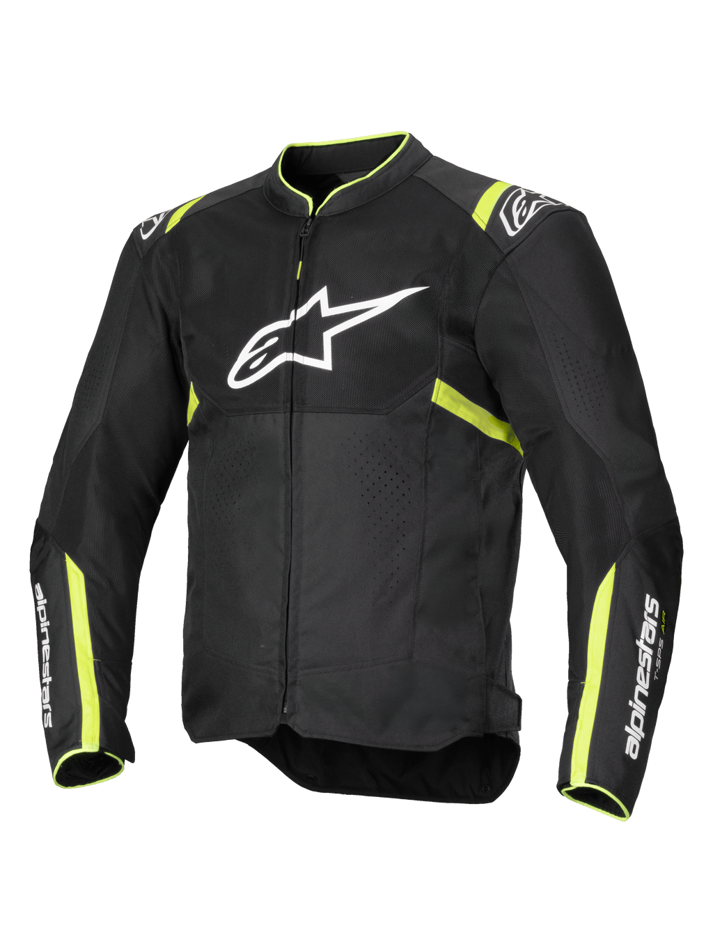 Alpinestars T-Sps Air V2 Jacke, Motorradjacke, Schwarz und Gelb Fluo, mit großem weißem Brustlogo, Mesh-Einsätzen zur Belüftung, fluoreszierenden gelben Akzenten an Schultern und Ärmeln, sportliches Textildesign