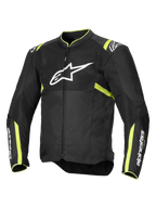 Alpinestars T-Sps Air V2 Jacke, Motorradjacke, Schwarz und Gelb Fluo, mit großem weißem Brustlogo, Mesh-Einsätzen zur Belüftung, fluoreszierenden gelben Akzenten an Schultern und Ärmeln, sportliches Textildesign