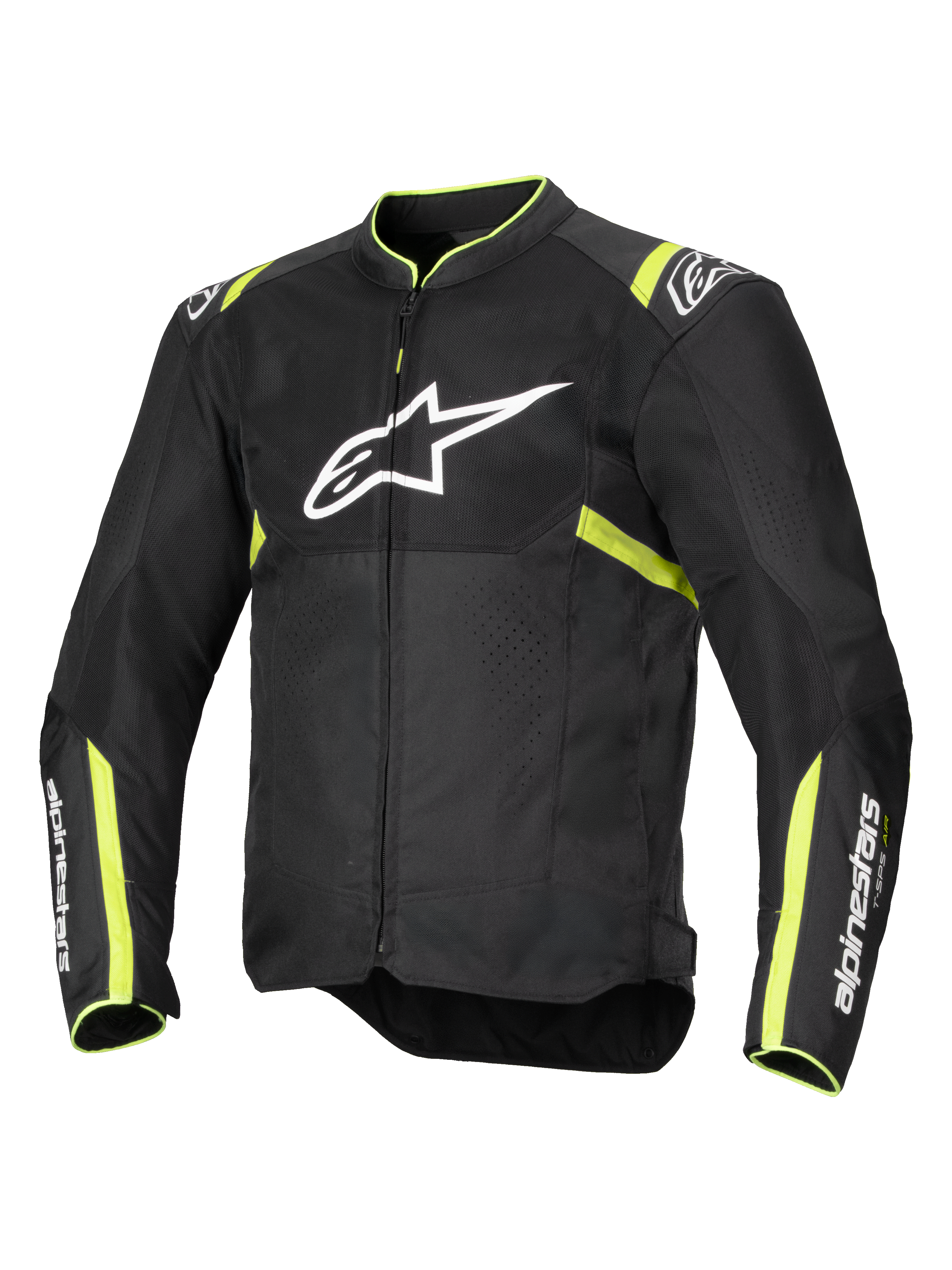Alpinestars T-Sps Air V2 Jacke, Motorradjacke, Schwarz und Gelb Fluo, mit großem weißem Brustlogo, Mesh-Einsätzen zur Belüftung, fluoreszierenden gelben Akzenten an Schultern und Ärmeln, sportliches Textildesign
