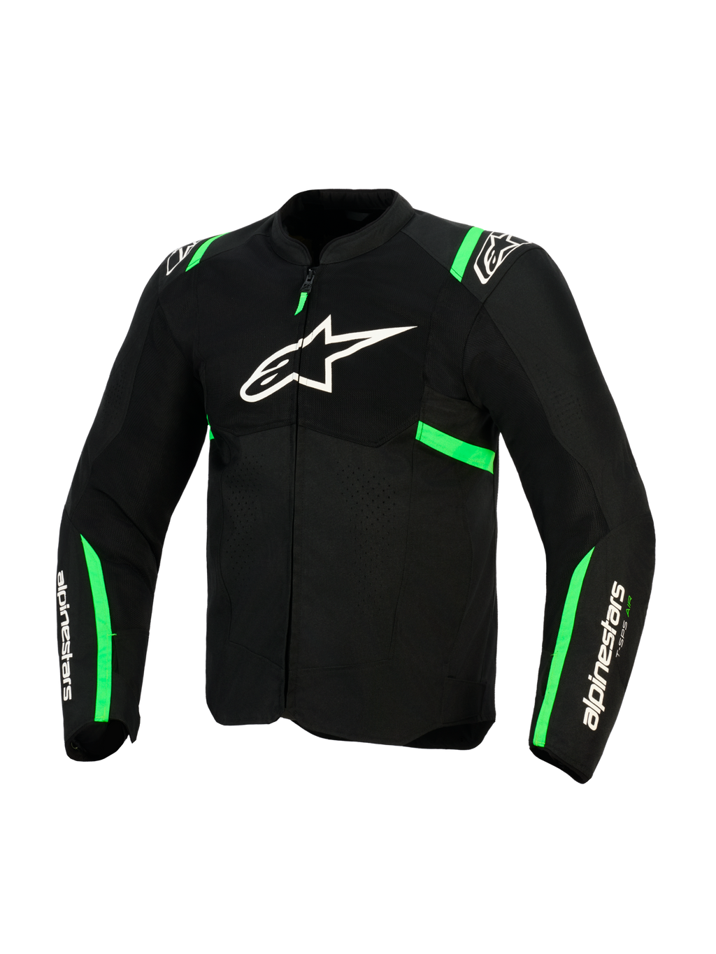 Alpinestars T-SPS Air V2 Jacke, Schwarz und Fluo-Grün, Vorderansicht mit weißem Alpinestars-Logo auf der Brust, Tech-Mesh-Paneele zur Belüftung und grüne Akzente an Schultern und Ärmeln, Sport-Motorradbekleidung