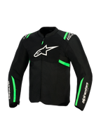 Alpinestars T-SPS Air V2 Jacke, Schwarz und Fluo-Grün, Vorderansicht mit weißem Alpinestars-Logo auf der Brust, Tech-Mesh-Paneele zur Belüftung und grüne Akzente an Schultern und Ärmeln, Sport-Motorradbekleidung