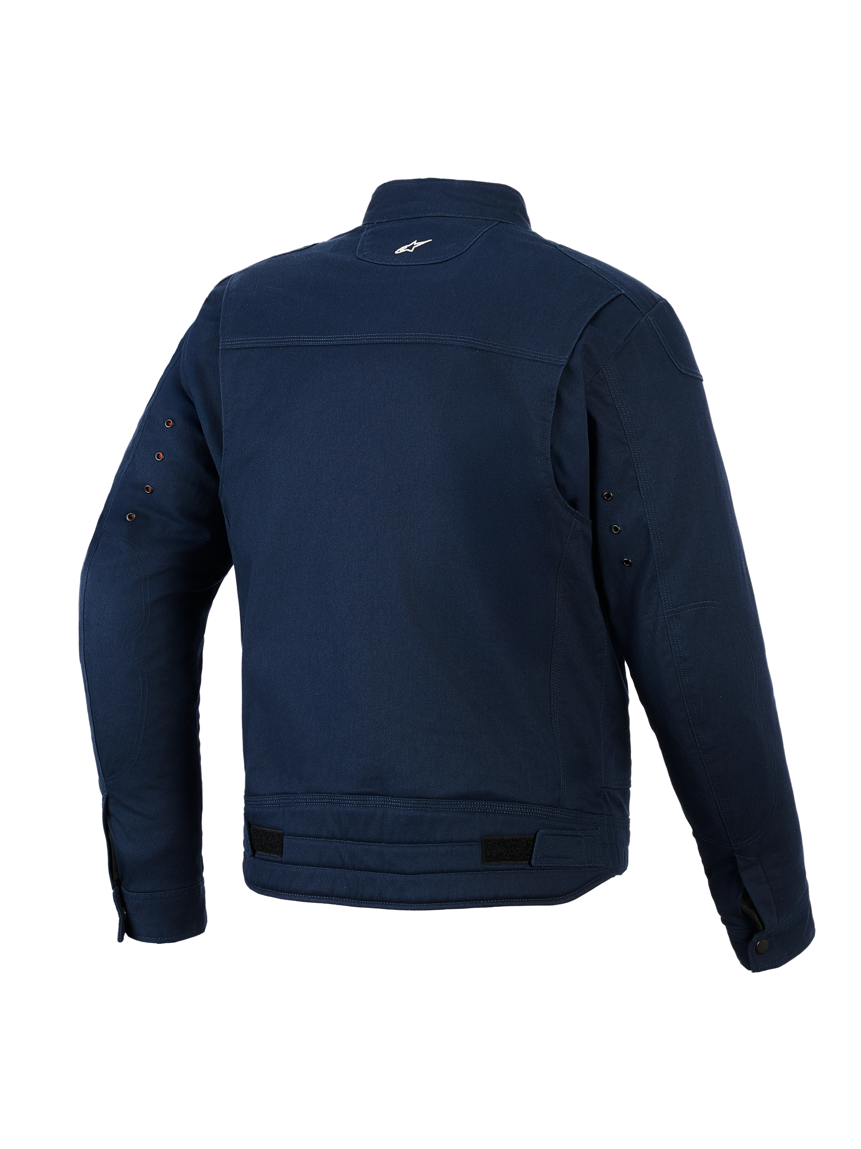 Veste Alpinestars Bruiser, veste de moto urbaine, bleu foncé, vue arrière présentant une construction en sergé de polycoton extensible, petit logo blanc sur la nuque, œillets de ventilation sur les manches et pattes de réglage à la taille.