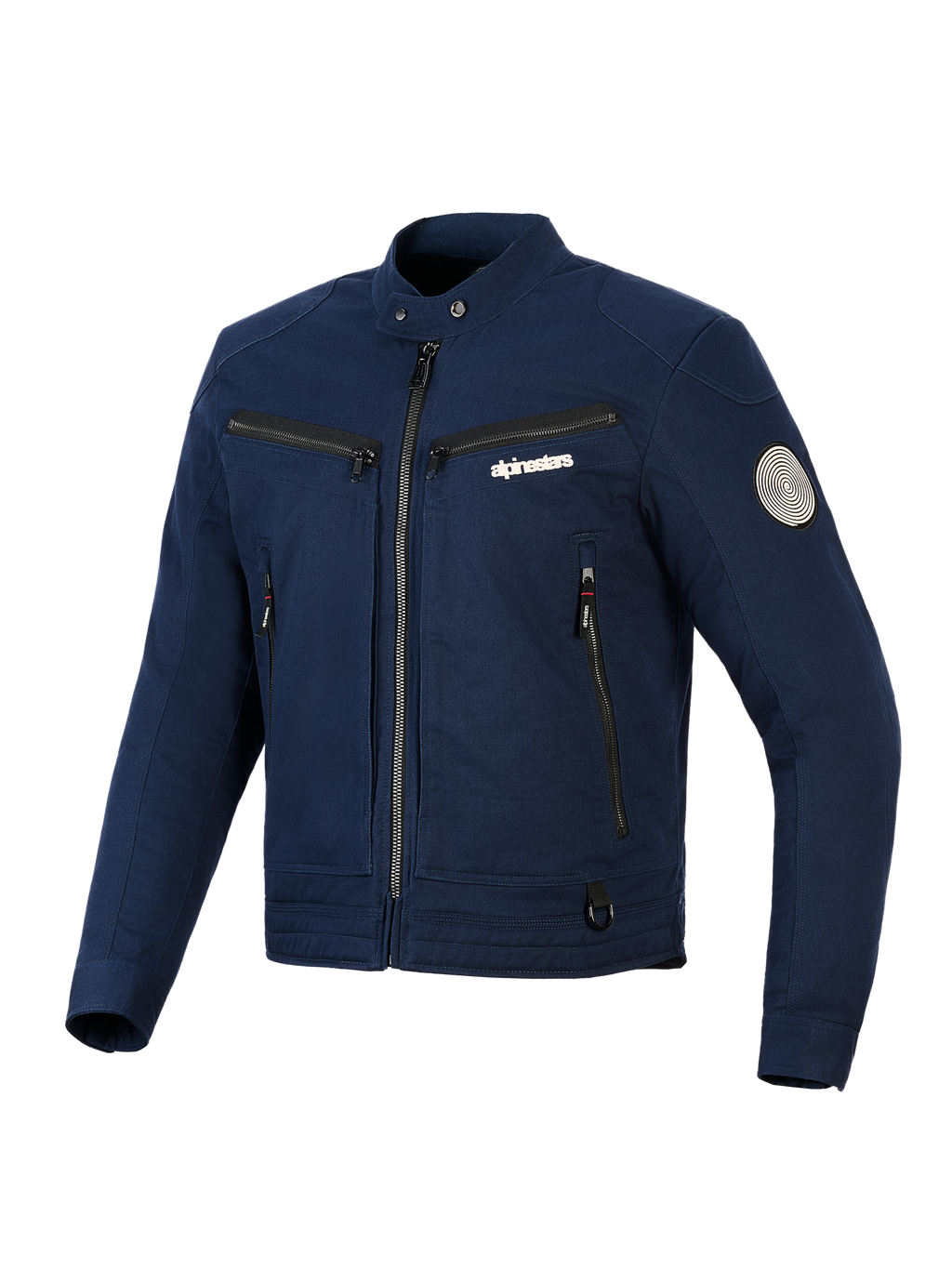 Veste Alpinestars Bruiser, veste de moto urbaine en textile, bleu foncé, design d'inspiration workwear avec fermeture éclair à l'avant et poches de poitrine zippées, col à bouton-pression et patch spirale Oscar sur la manche, esthétique streetwear contemporaine