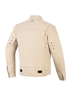 Alpinestars Bruiser Jacket, Urban Motorcycle Jacket, Aluminum tan color, rear view featuring pleated shoulder panels, adjustable waist straps with black tabs, small embroidered logo on the back neck, and metal eyelets on the back of the sleeves.