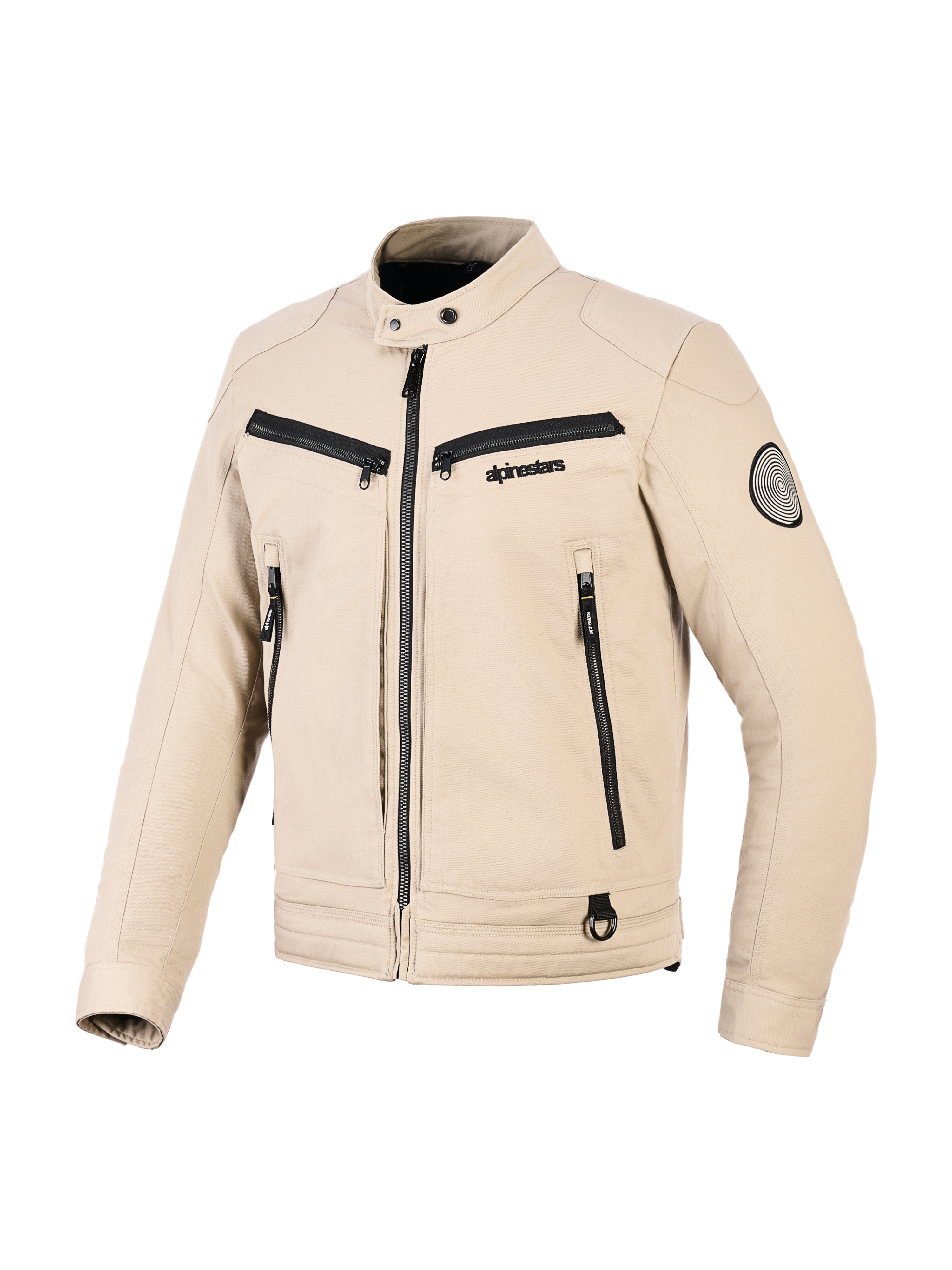 Alpinestars Bruiser Jacket, Urban Motorcycle Jacket, Tan, textile construction with black zipper accents, snap collar, multiple functional pockets, circular logo patch on the sleeve, contemporary workwear-inspired design