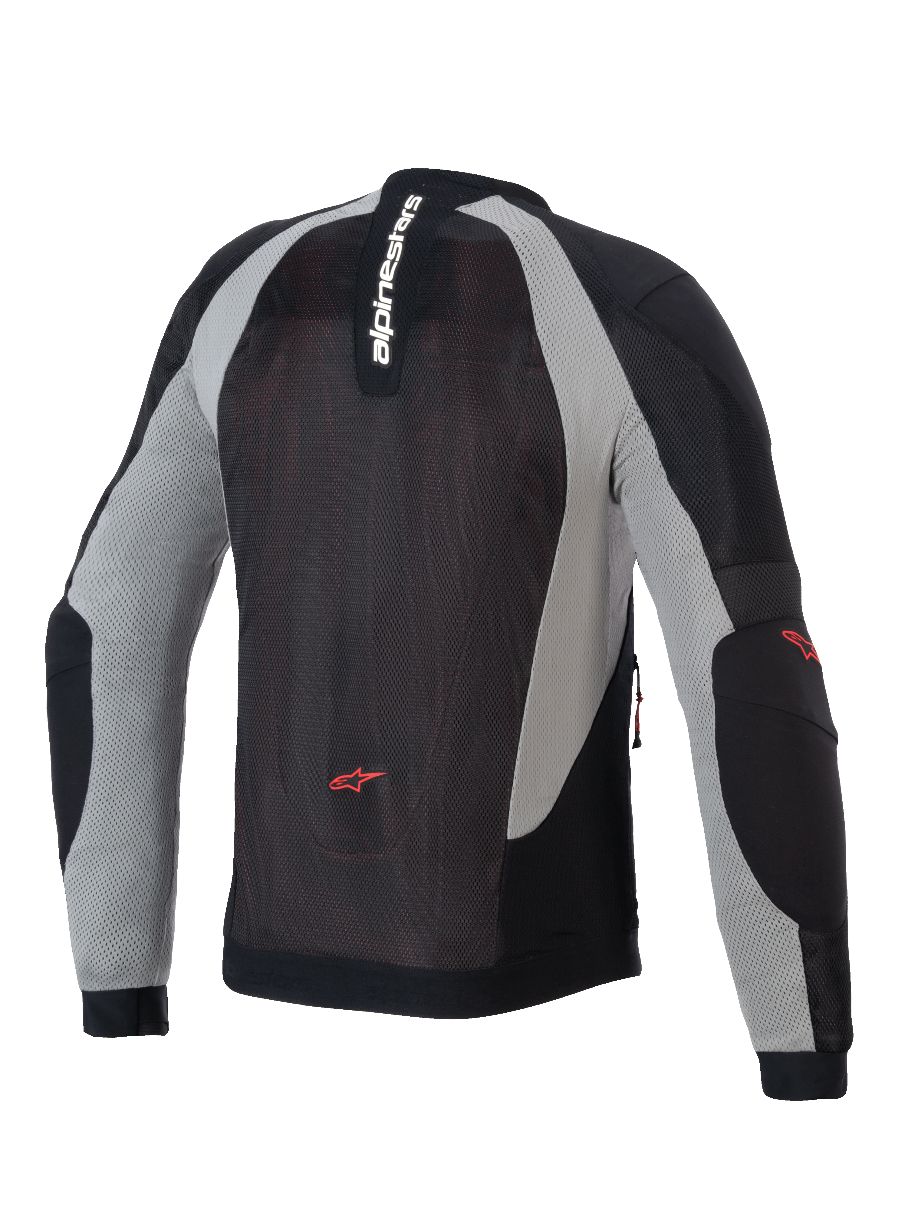 Alpinestars Troop-Air Jacke, Motorrad-Air-Jacke, Schwarz, Ash Gray und leuchtendes Rot, Rückansicht mit technischer Mesh-Konstruktion, vertikales Alpinestars-Branding am Kragen, rote Stern-Logos am unteren Rücken und an den Ellbogen.