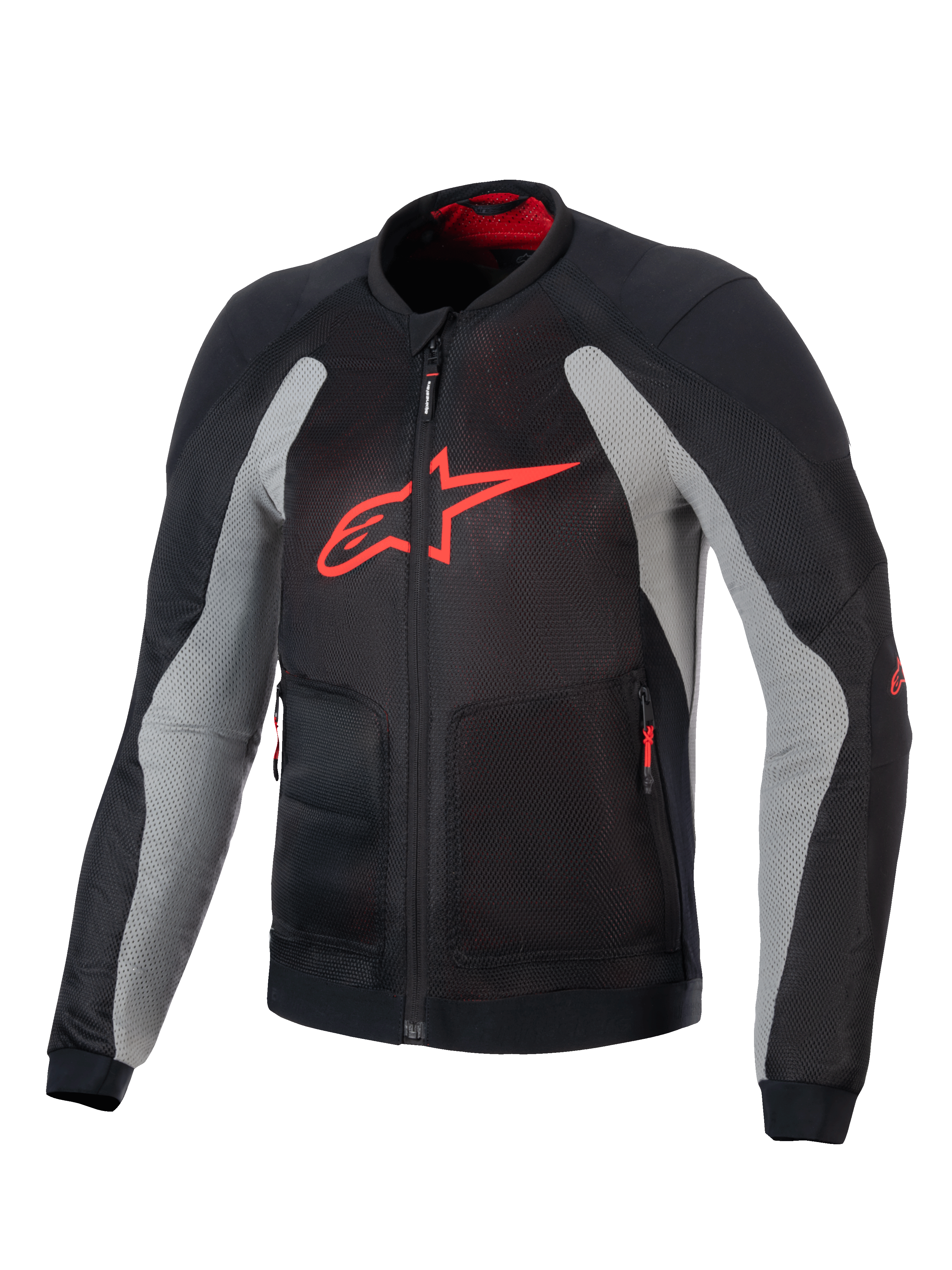 Alpinestars Troop-Air Jacke, technische Motorrad-Luftjacke, Schwarz und Aschegrau mit leuchtendem Rot, mit einem großen roten A-Star-Logo auf der Brust, Mesh-Konstruktion für Luftzirkulation und technischem Fahrdesign.
