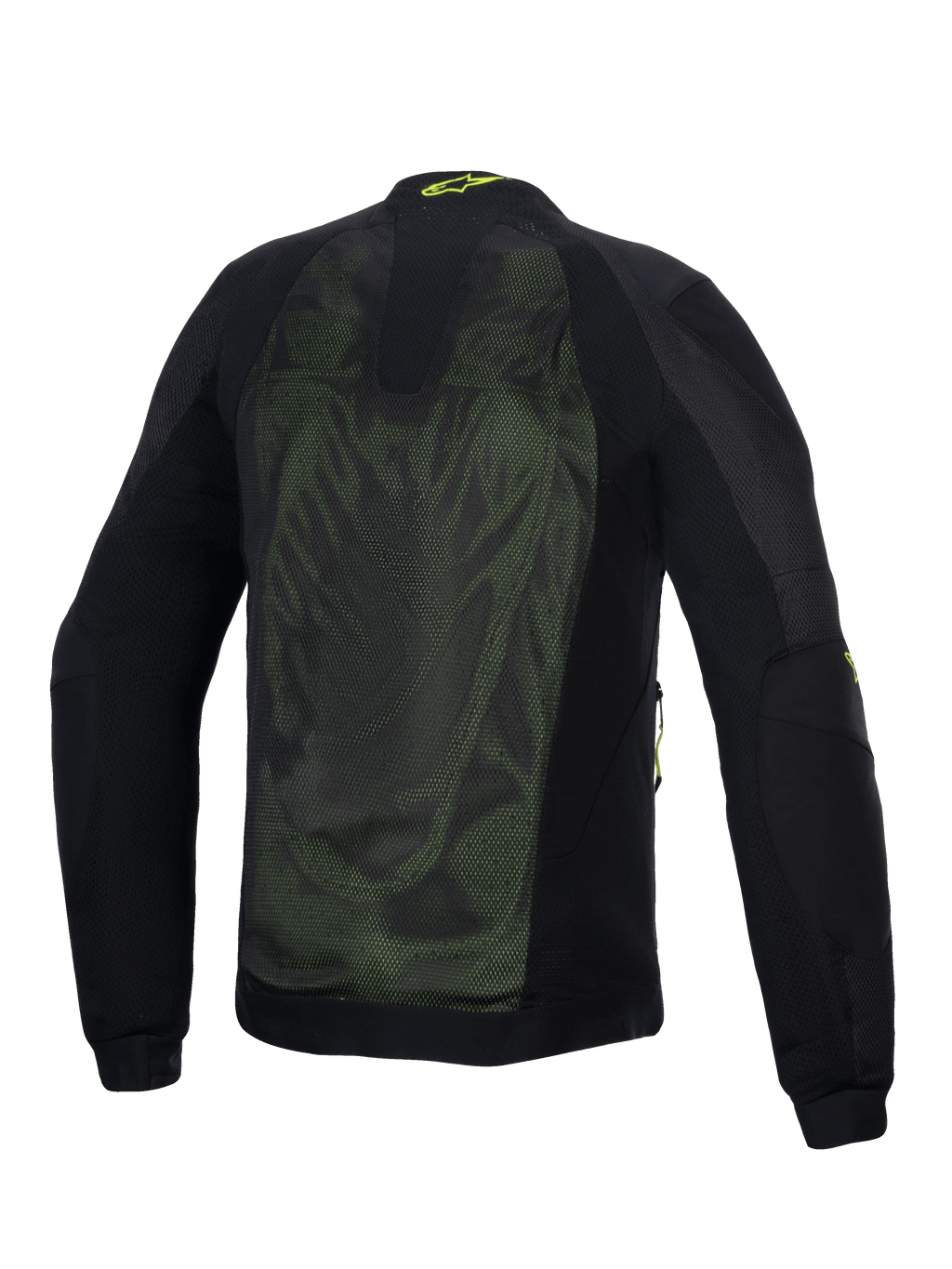Alpinestars Troop-Air Jacket, technische motor mesh-jas, zwart en fluoriserend geel, achteraanzicht met grote 2D tech mesh-panelen voor ventilatie, geel Alpinestars-logo op de kraag en verstevigde textiele mouwen.