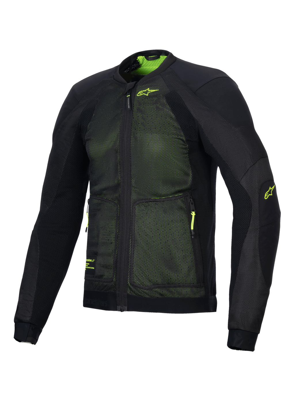 Alpinestars Troop-Air jas, geavanceerde motorjas met ventilatie, Zwart en Fluo Geel, voorzien van 2D tech mesh-constructie voor superieure luchtstroom, fluo geel Alpinestars-logo op de borst en mouw, lichtgewicht ademend ontwerp voor ritten op de weg in de zomer