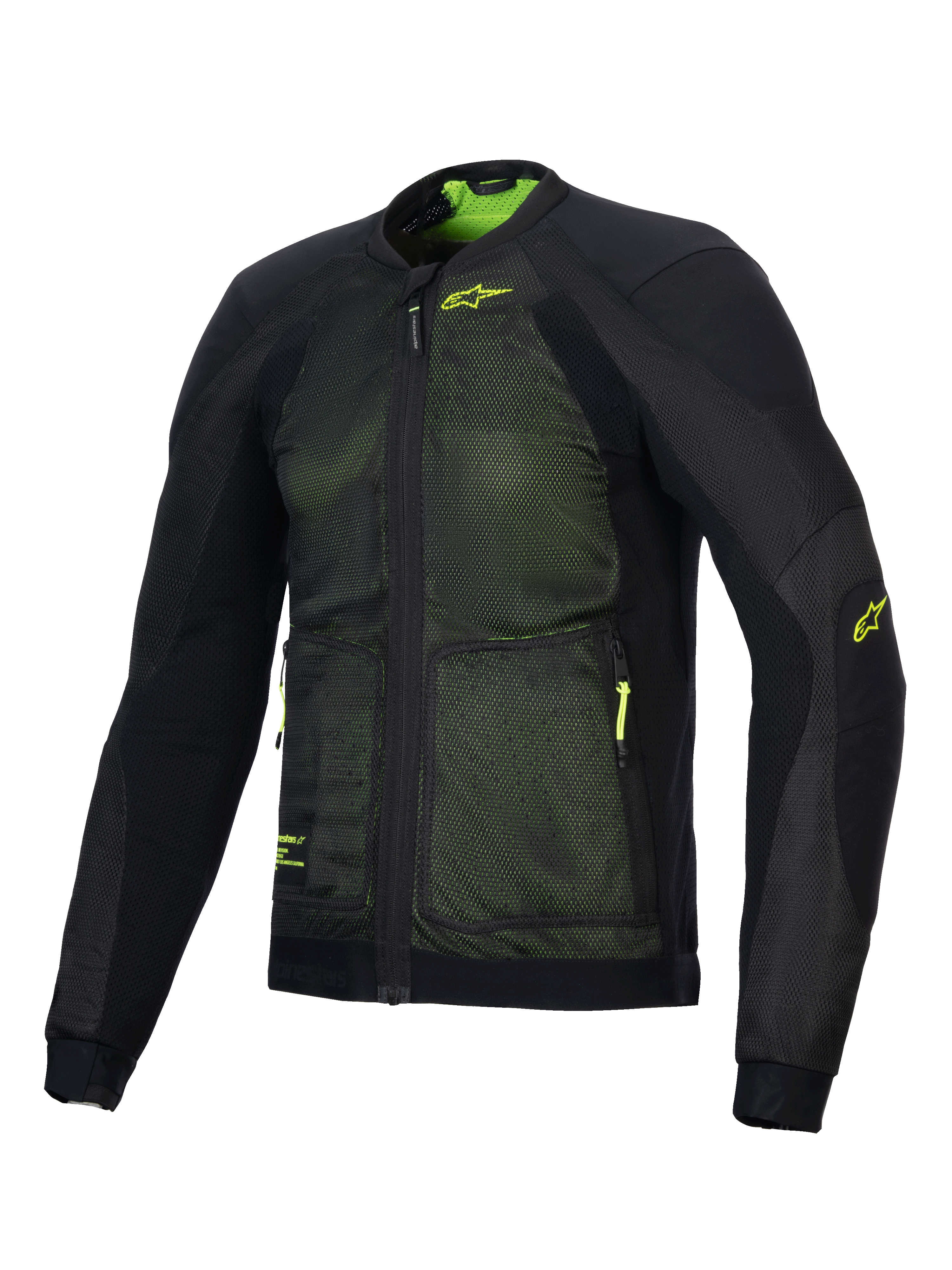 Alpinestars Troop-Air jas, geavanceerde motorjas met ventilatie, Zwart en Fluo Geel, voorzien van 2D tech mesh-constructie voor superieure luchtstroom, fluo geel Alpinestars-logo op de borst en mouw, lichtgewicht ademend ontwerp voor ritten op de weg in de zomer