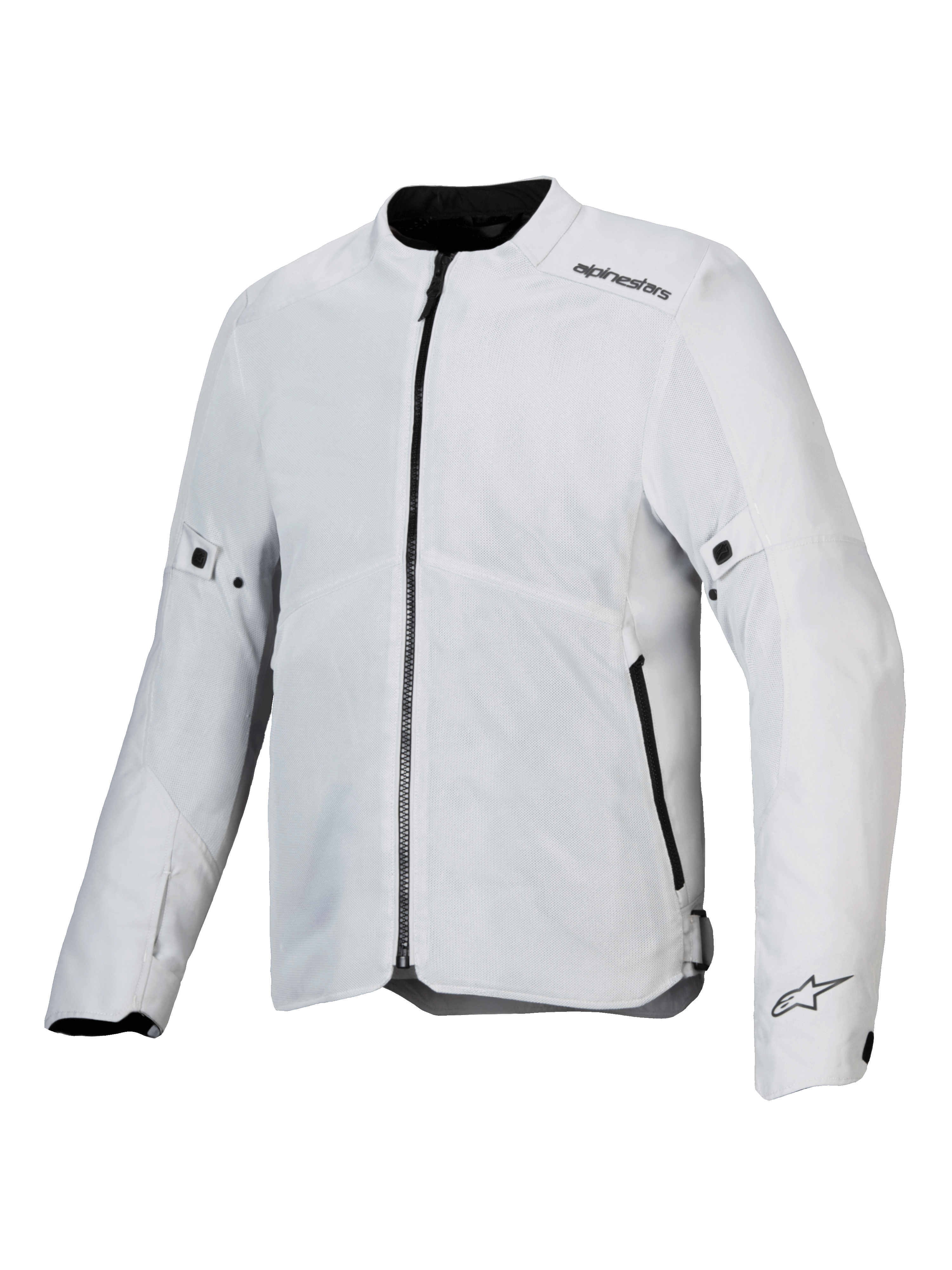 Veste Alpinestars C-1 Air, veste de moto, argent, construction textile légère avec panneaux en mesh technique, vue de face avec fermeture éclair centrale noire et poches latérales, logos Alpinestars sur l'épaule et le poignet, style urbain