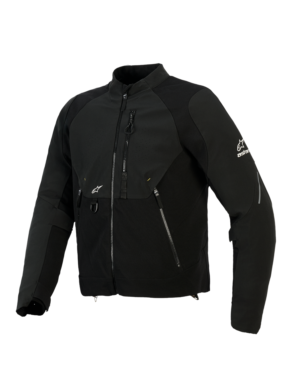 Alpinestars Provoke Jacke, Textil-Motorradjacke, Schwarz, mit Ripstop-Softshell-Einsätzen, laserperforiertem Brustbereich, Reißverschlusstaschen, weißem Alpinestars-Logo auf Ärmel und Brust, moderne urbane Fahrausrüstung