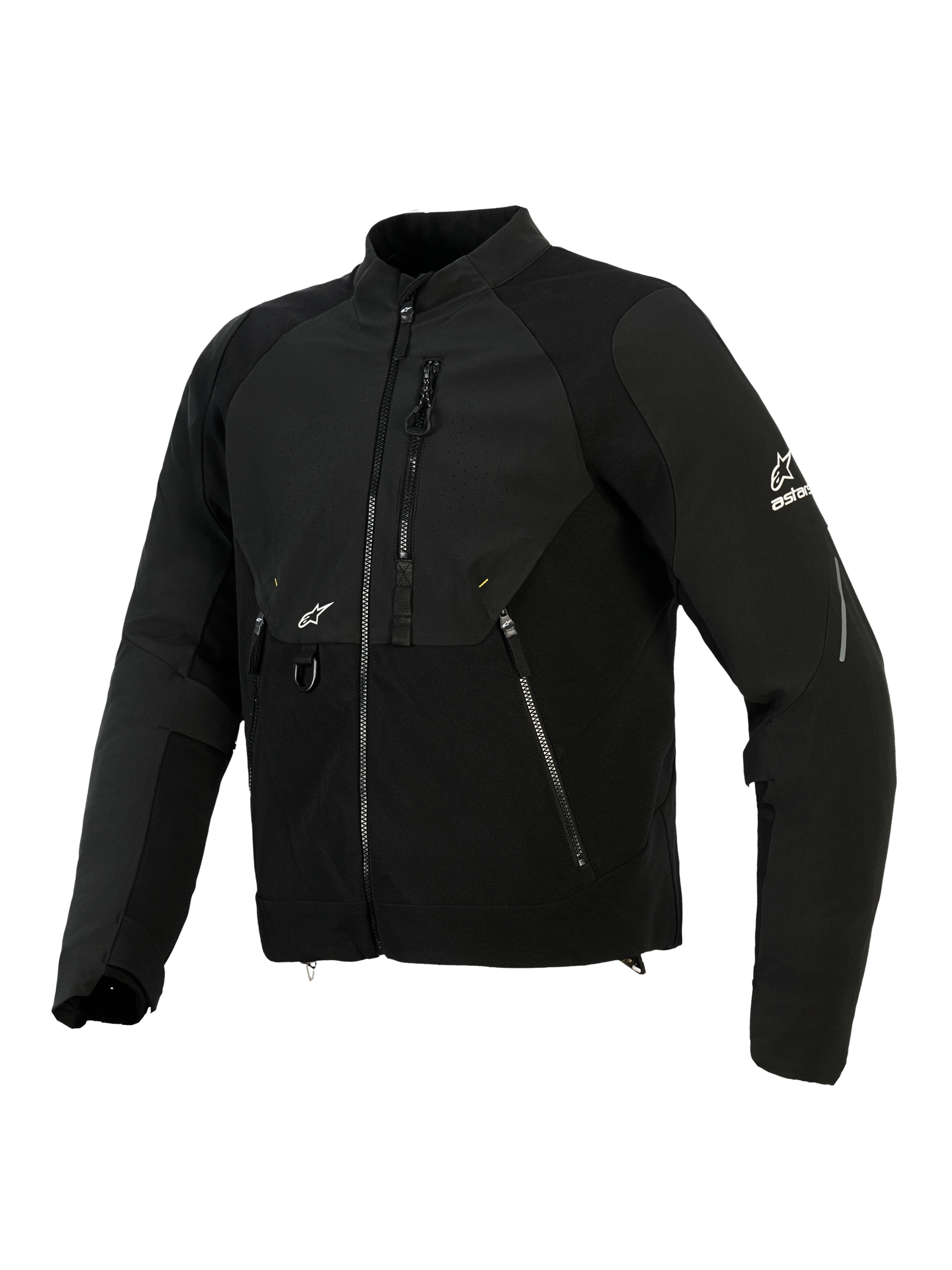 Alpinestars Provoke Jacke, Textil-Motorradjacke, Schwarz, mit Ripstop-Softshell-Einsätzen, laserperforiertem Brustbereich, Reißverschlusstaschen, weißem Alpinestars-Logo auf Ärmel und Brust, moderne urbane Fahrausrüstung