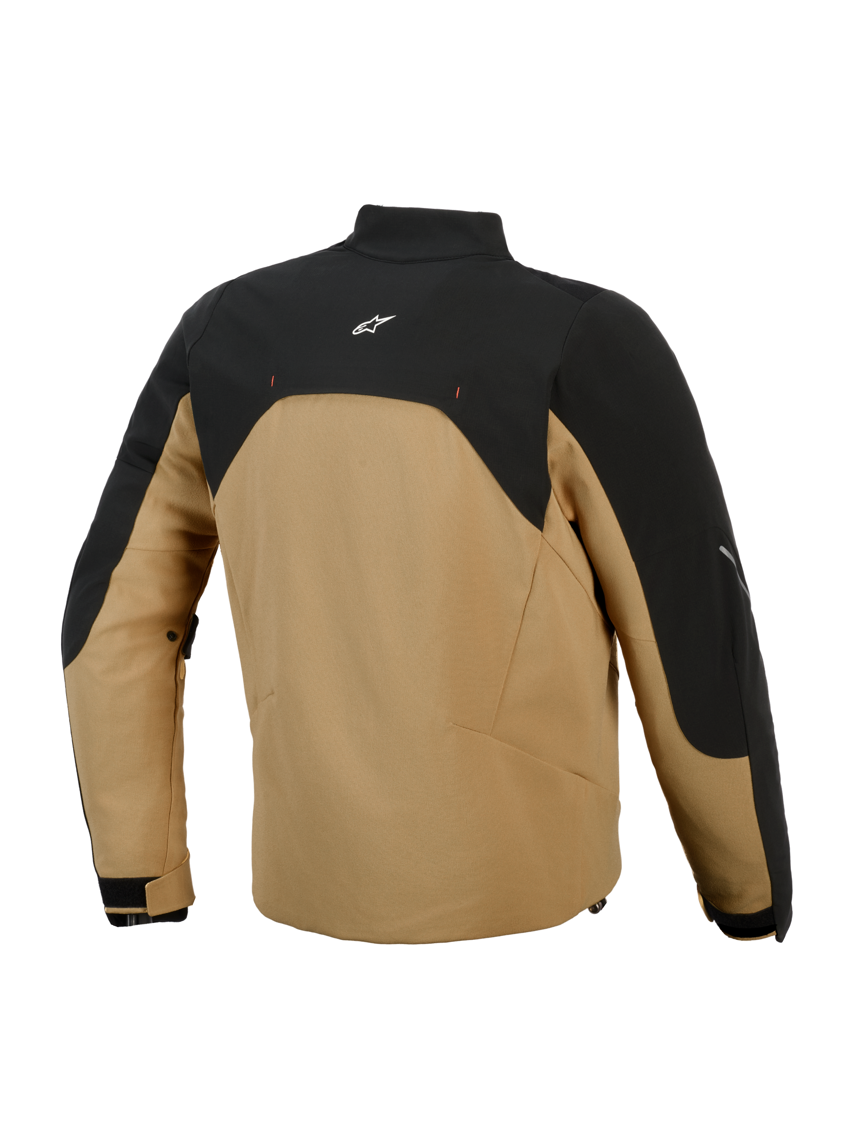 Veste Alpinestars Provoke, veste de moto urbaine, noir et camel, vue arrière avec empiècement supérieur noir et logo blanc, corps en softshell camel, silhouette contemporaine avec accents réfléchissants, conçue pour les motards urbains