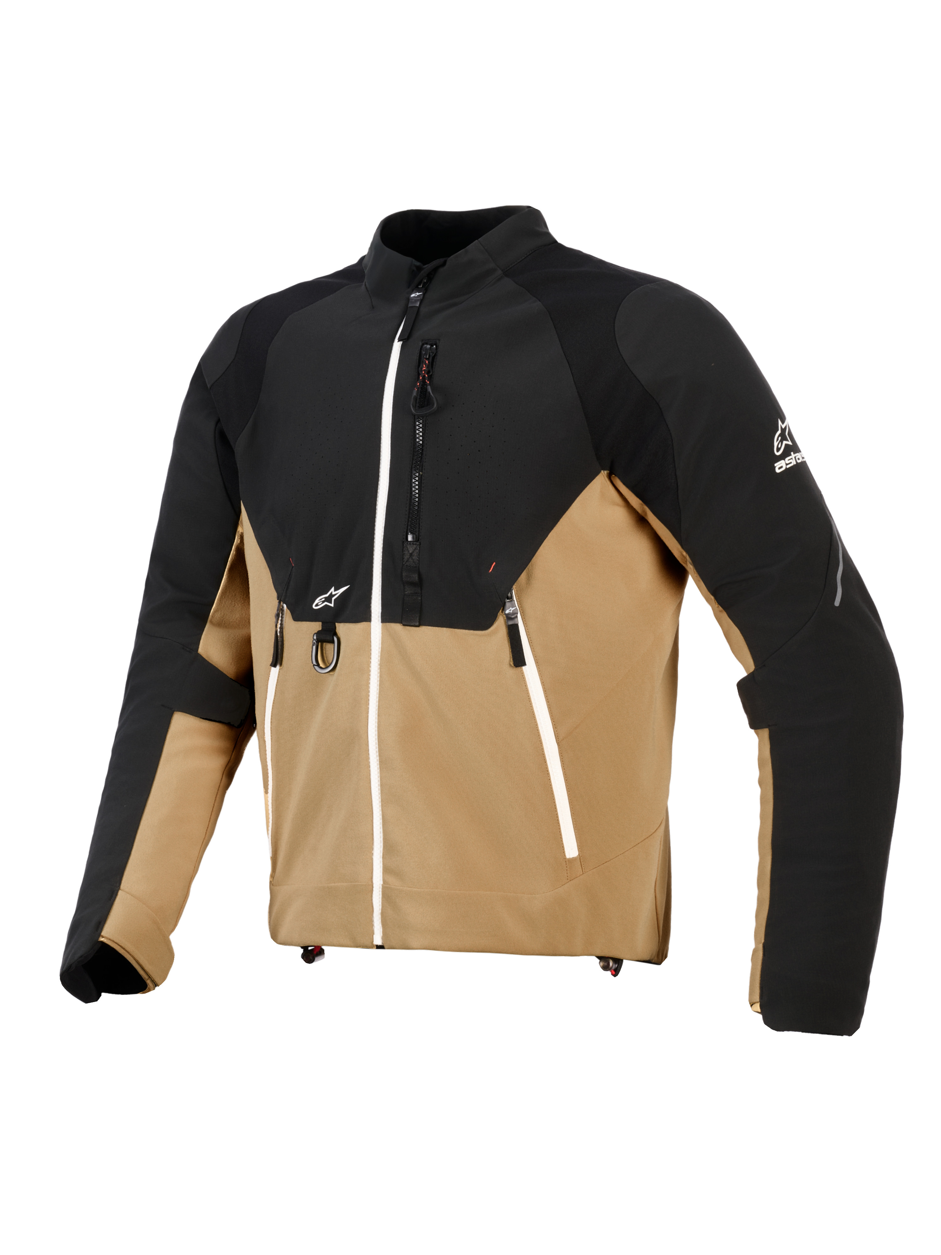 Veste Alpinestars Provoke, veste de moto urbaine, noir et camel, construction en textile technique avec panneaux ripstop, dotée de fermetures éclair blanches contrastantes, d'un anneau en D métallique à l'avant et de logos Alpinestars, design contemporain d'inspiration outdoor